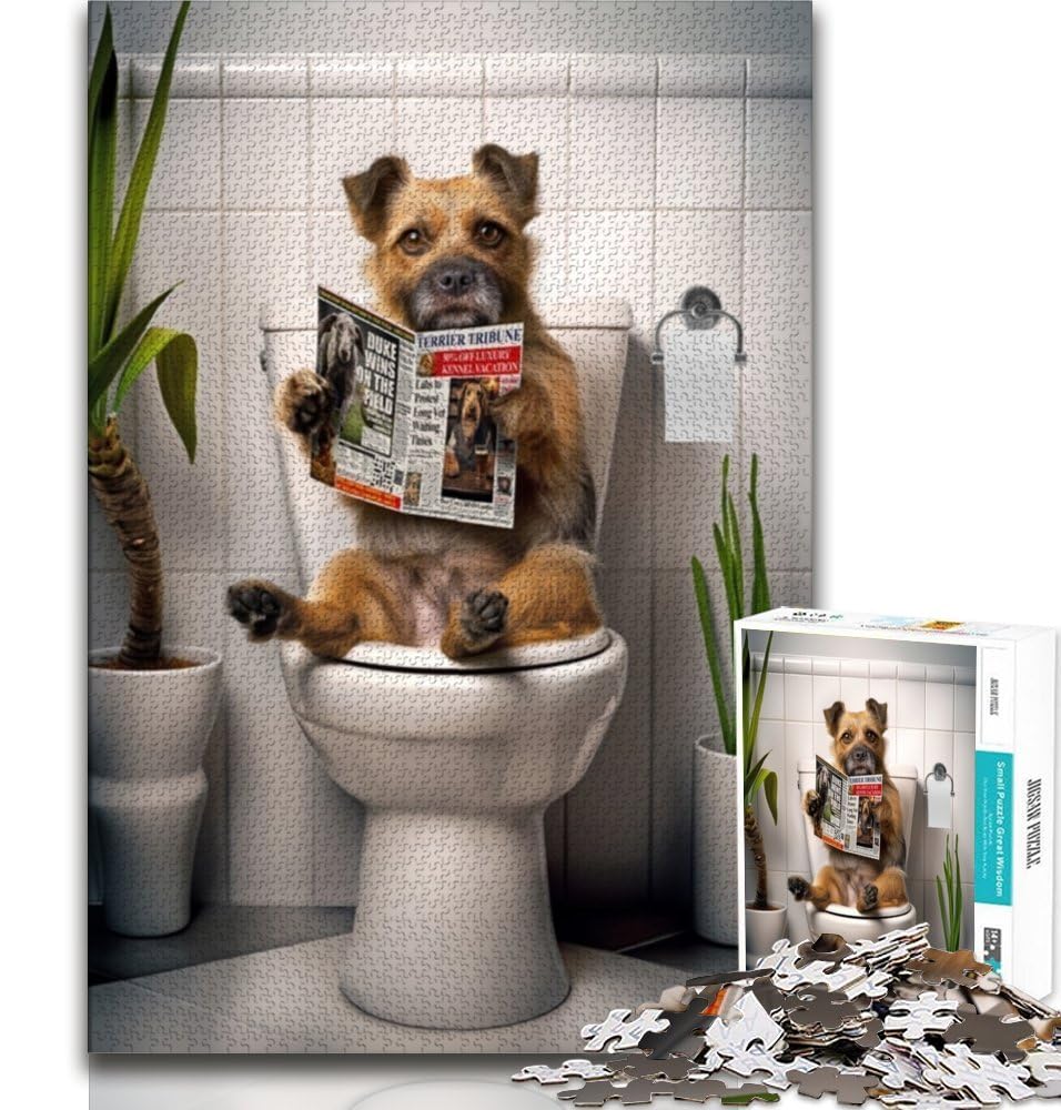 1000 Pieces Jigsaw Puzzle for Adults& Teens Border Terrier on The Toilet Adult Jigsaw,Stress Reliever Difficult Challenge Secret Santa Gifts 38x26cm