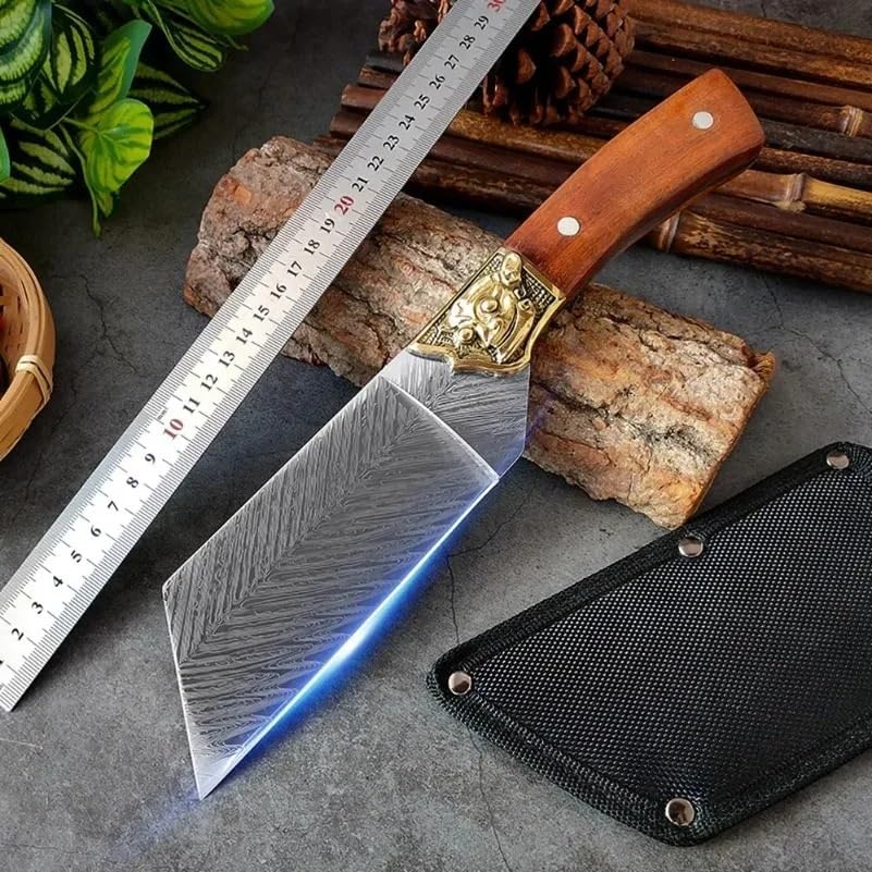 Meat Cleaver,Cleaver Knife 5 Inch Heavy Knife Chef Slicing Fruit Fish Meat Butcher Boning Knife Damascus Blade Wood Handle Utility Knives Kitchen Cooking Tools, LAMAJIGA5844