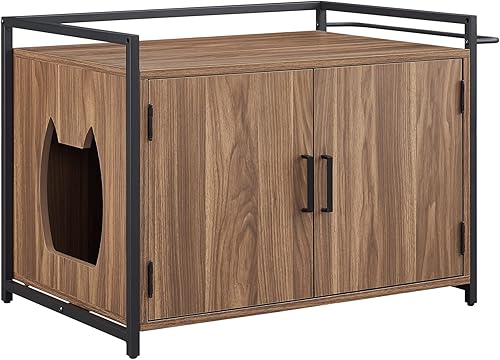 GOOD & GRACIOUS Mueble oculto para gatos con ventilación y asiento de banco, jaula para mascotas con estructura resistente de hierro y madera, nogal