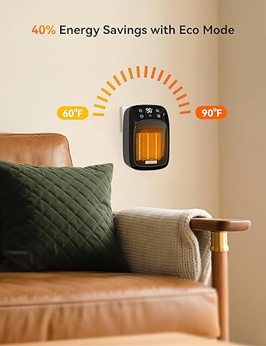 Miniatura 5 de Brightown Calentador de espacio para uso en interiores, calentador eléctrico pequeño de pared de 800 W con termostato, control remoto, protección