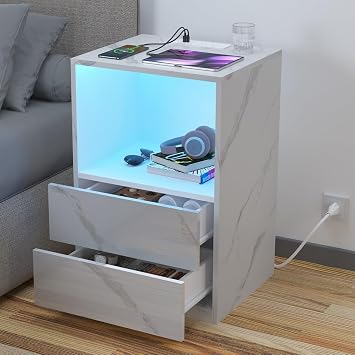 HOMMPA Open Shelf LED Nightstand with Charging Station Modern White Marble Bedside Table with Led Light 2 Drawers End Side Table High Gloss Night Stand Night Table for Bedroom 26.77in Tall