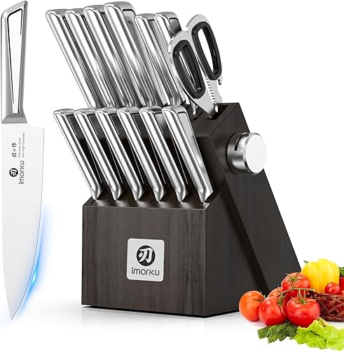imarku Juego de cuchillos de cocina con bloque y afilador incorporado, juego de 14 piezas de cuchillos de acero inoxidable japonés con cuchillo