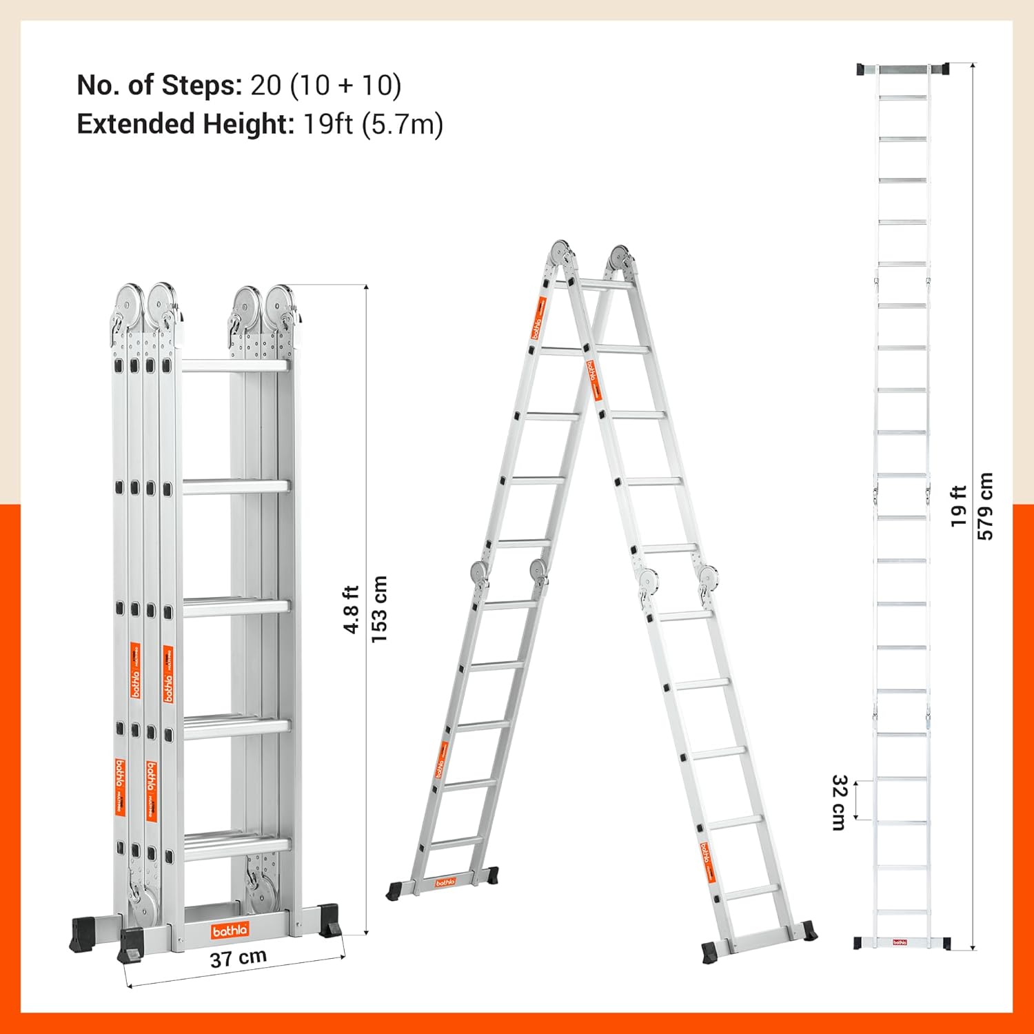 Bathla X-Tend Multipurpose 19 Ft Aluminium Foldable Ladder | Heavy Duty Multi-Position Extension Ladder for Home & Office