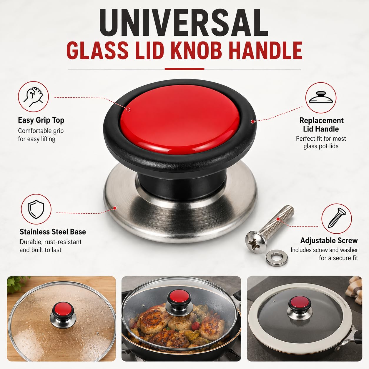 MAPPERZ Universal Glass Lid Knob Handle, Black and Red 5.5 cm Base, 4.5 cm Top, 3 cm Height, Compatible with Kadai, Biryani Pot, Fry Pan Round Cap Handle with Adjustable Screw (Pack Of 1) — Amazon image 4