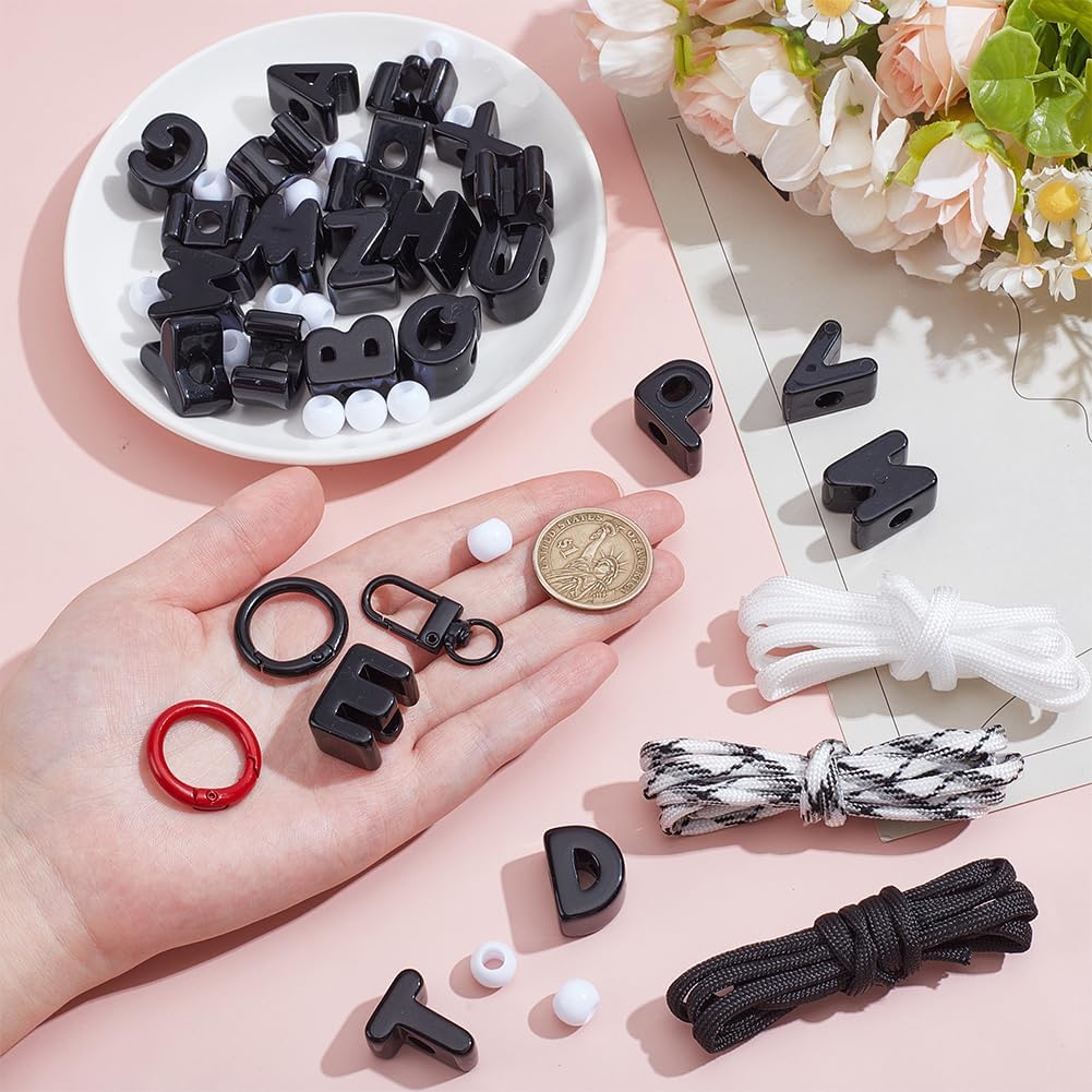 54Pcs DIY Beaded Name Tag Keychains Making Kit Make Your Own Keychain Acrylic Large Letter Beads Key Rings Backpack Charms Beading Craft Supplies for Party Favors (Black & White Series) image 3