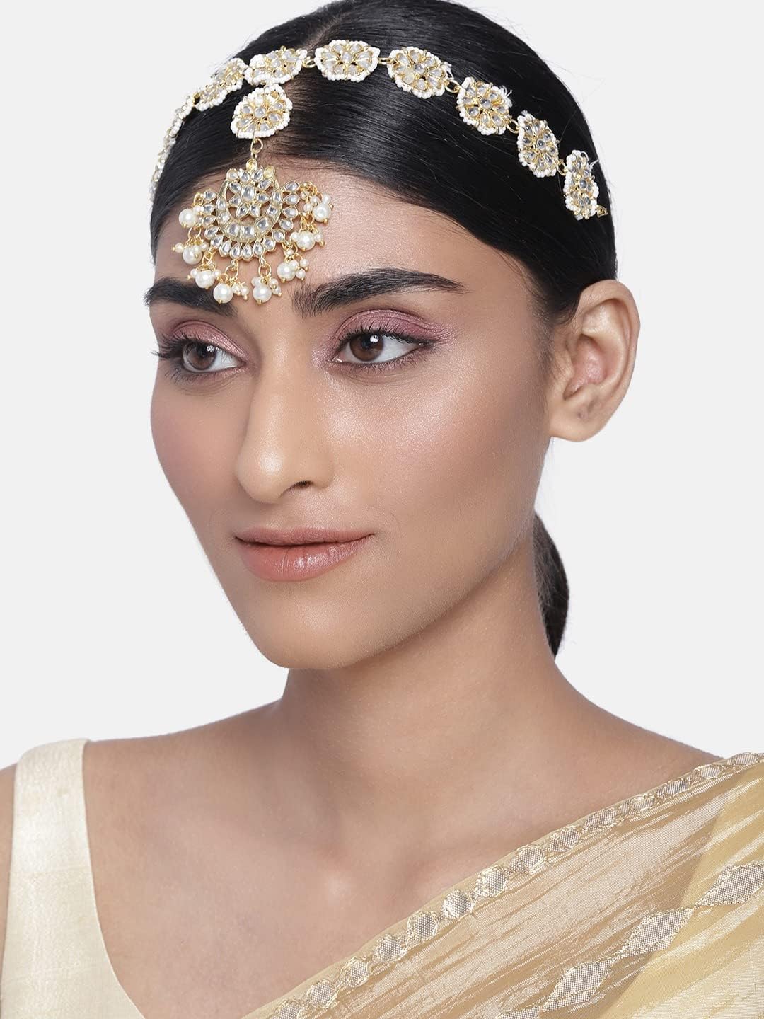 I Jewels Gold Plated Indian Wedding Bollywood Floral Kundan Pearl Studded Rajasthani Sheeshphool/Mathapatti for Women (T206-7)