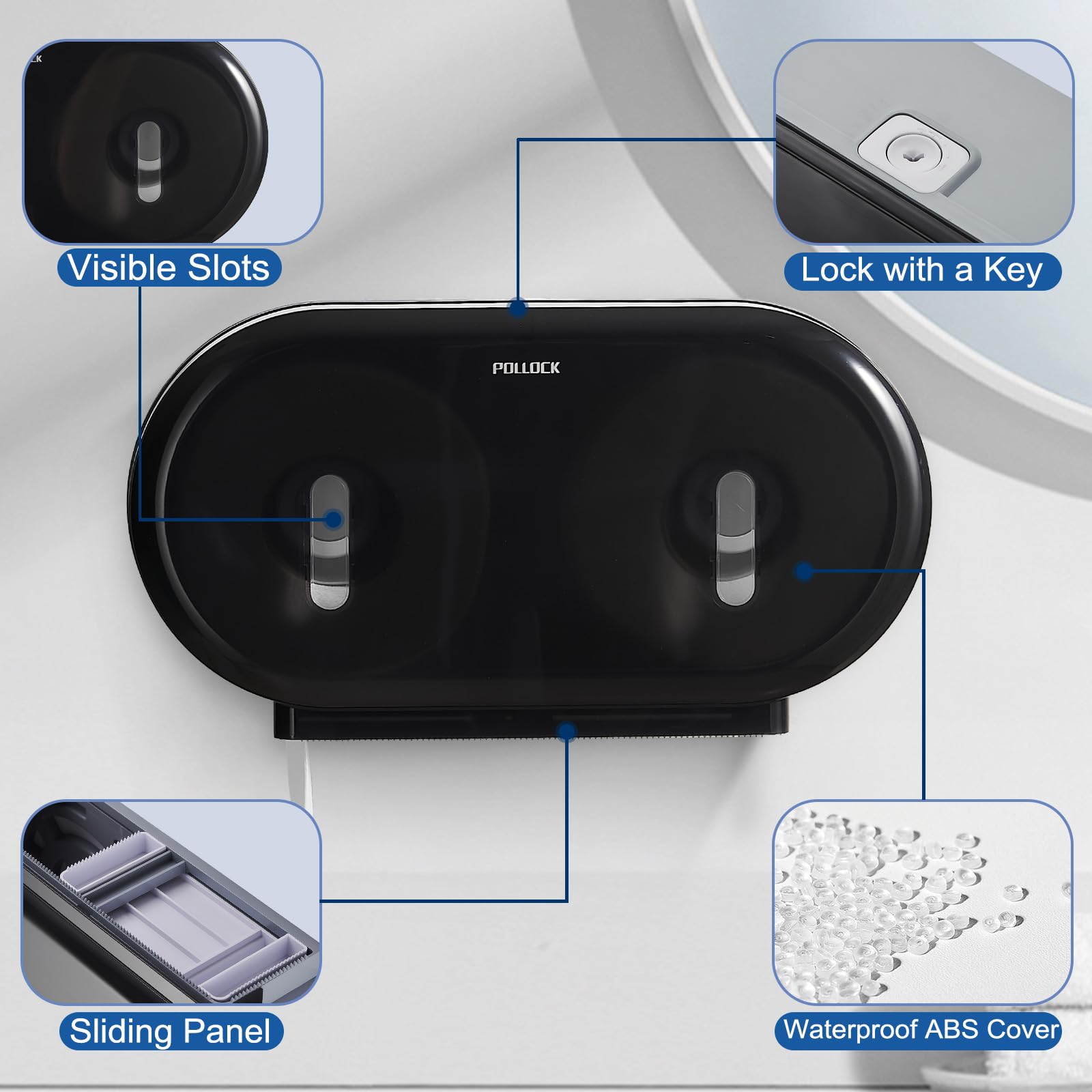 Pollock Distributeur Murale Double pour Papier Toilette Rouleau, Grand Distributeur Industriel de Rouleaux de Papier Toilette, Très Grande Capacité, sans Perçage, pour Locaux Commerciaux, Noir