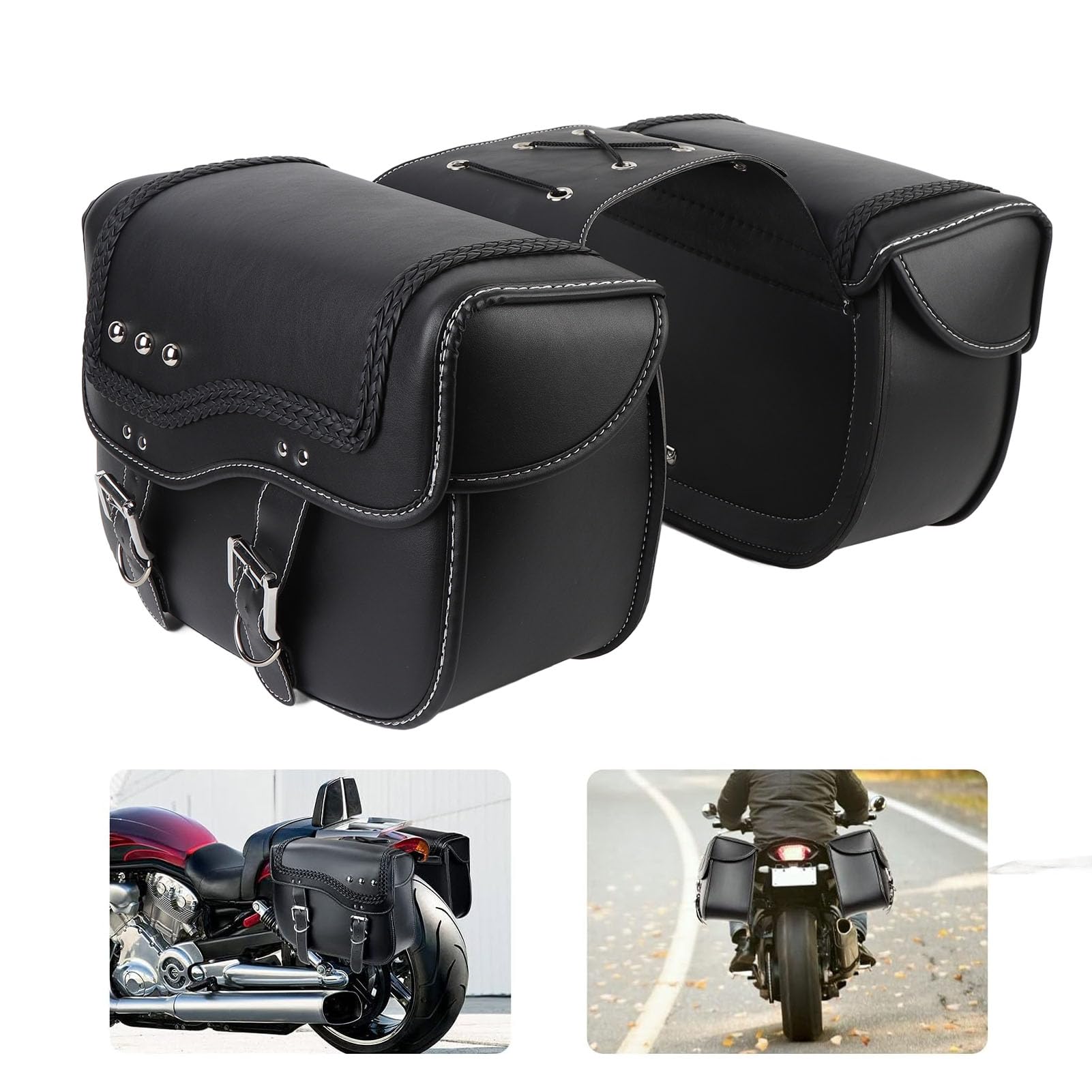 Yctze Borse Laterali per Moto, Borse Laterali Impermeabili in Pelle PU da 30 Litri con Corda Regolabile, Misura Universale per la Maggior Parte delle Motociclette