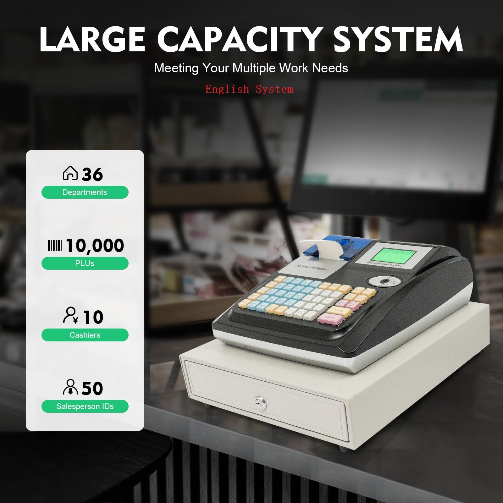 Electronic Cash Register English System Dual LED Display with 48 Keys POS Banknote Recognition Function Cash Register for Retail Restaurant Supermarket