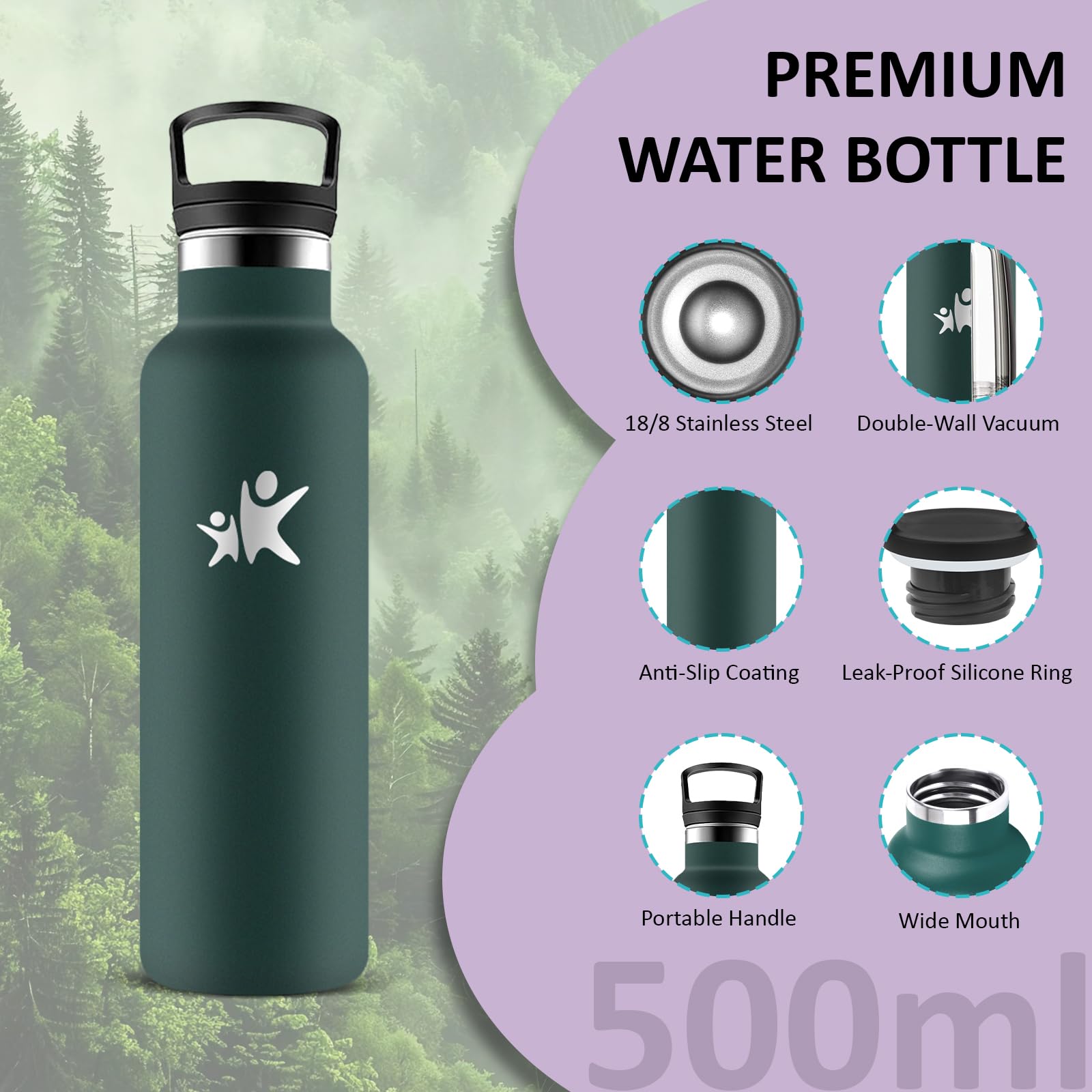 Borraccia 500ml, Borraccia Termica, Senza BPA, Borracia con Cannuccia, Senza Perdite, Bottiglia Termica, Doble Aislamiento, Borracce Termiche per Scuole, Campeggio, Uffici, Caffè, Viaggio, Yoga