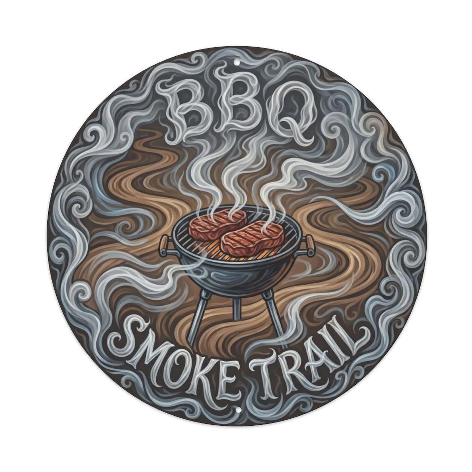 BBQ Barbecue Smoke Trail Vintage Metal Tin Sign Plaque Wall Decor for Cafe, Club, Garden Round Metal Poster 8x8Inch