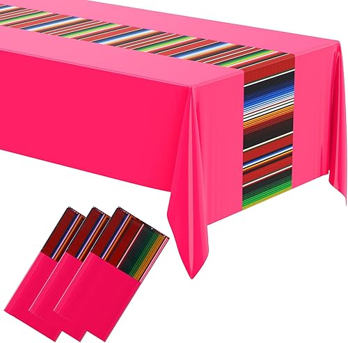 Miniatura 9 de Oudain Mantel de plástico para fiesta, 3 piezas, 108 x 54 pulgadas, desechables, impermeables, mexicanos, a rayas, para noche de tacos, festivales,