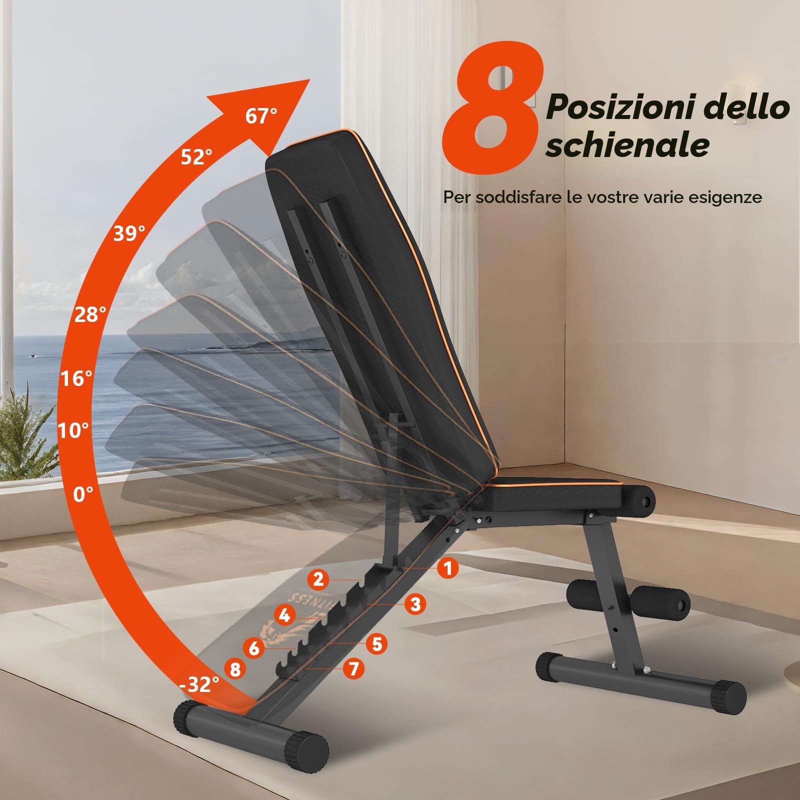 Panca Palestra Regolabile Pieghevole, Panca Palestra con 8 Posizioni Dello Schienale Regolabile, Inclinabile & Piana Panca Pesi per Allenamento con Bande di Resistenza