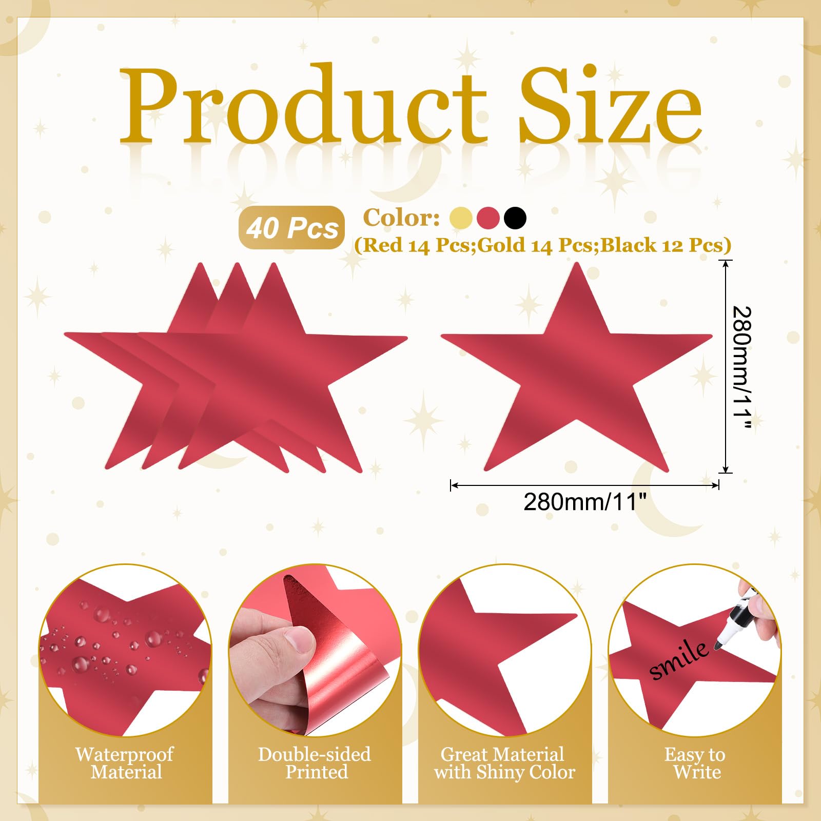 PATIKIL Large Star Cutouts,80Pcs 11" Double Printed Paper Star Decoration Star Cardboard Cutout Five Stars Cutout for Wedding Movie Night Party Decoration DIY Classroom,Red/Gold Tone/Black - Image 2