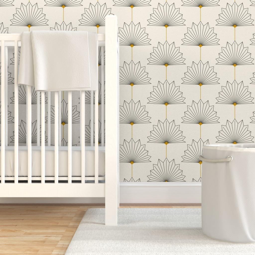 Spoonflower Removable Wallpaper Swatch - Art Deco Palms 1920S Tropical Palm Leaves Fans Vintage Neutral Geometric Coastal Custom Pre-Pasted Wallpaper