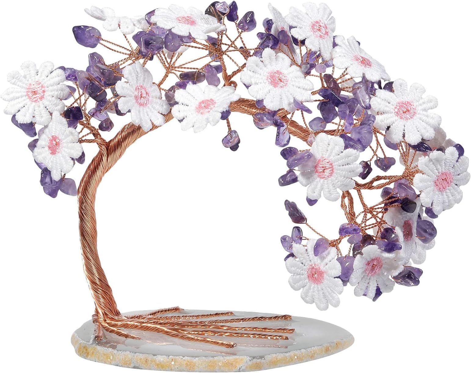 Amogeeli Amethyst Crystal Tree of Life with Lace Flowers on Natural Agate Slice Base, Fengshui Stone Money Tree Bonsai Decor for Luck & Wealth