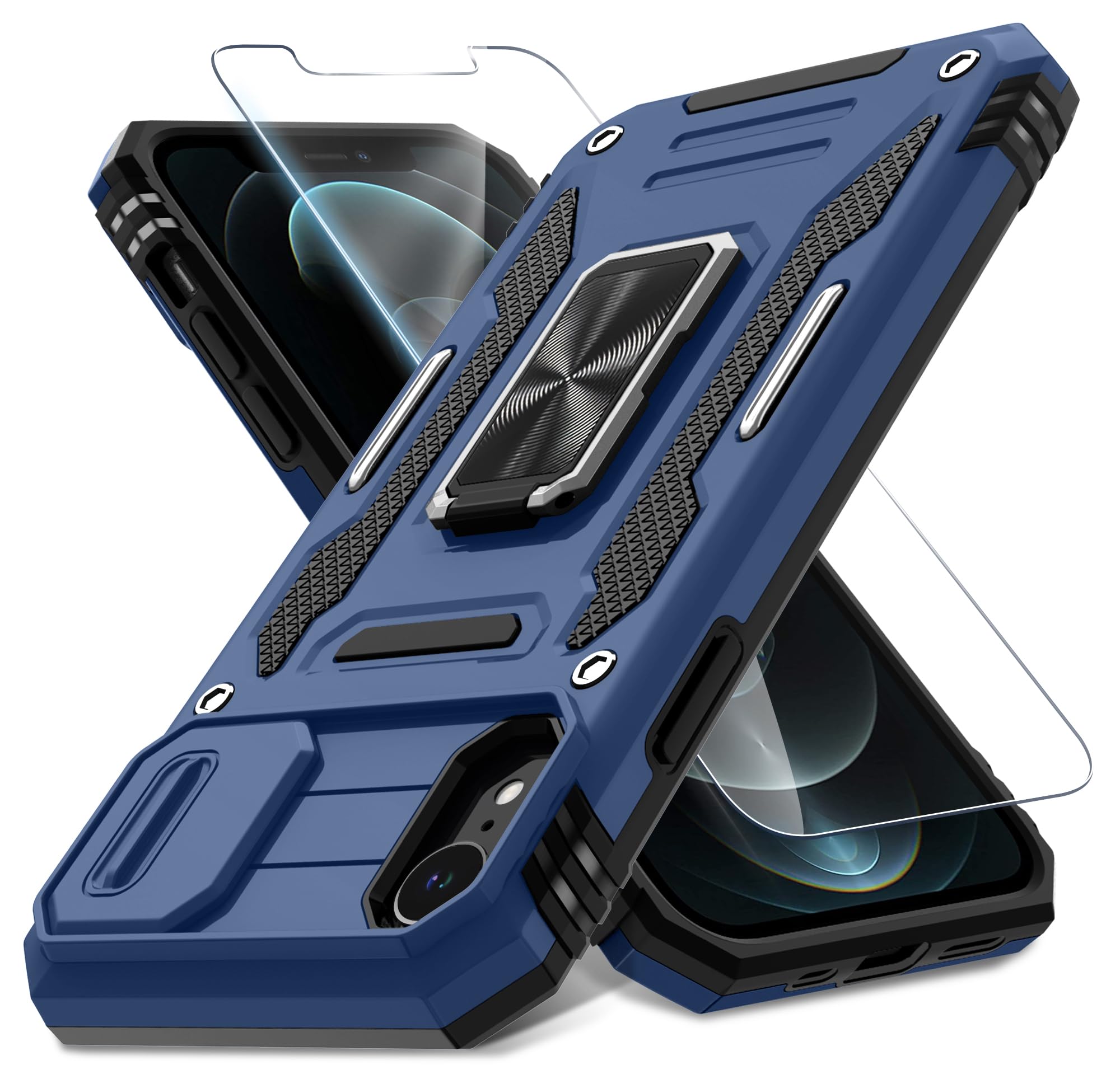 DEERLAMN Case for iPhone XR with Slide Camera Cover+Screen Protector (1 Pack),Rotated Ring Kickstand Military Grade Shockproof Protective Cover 6.1 Inch-Navy Blue