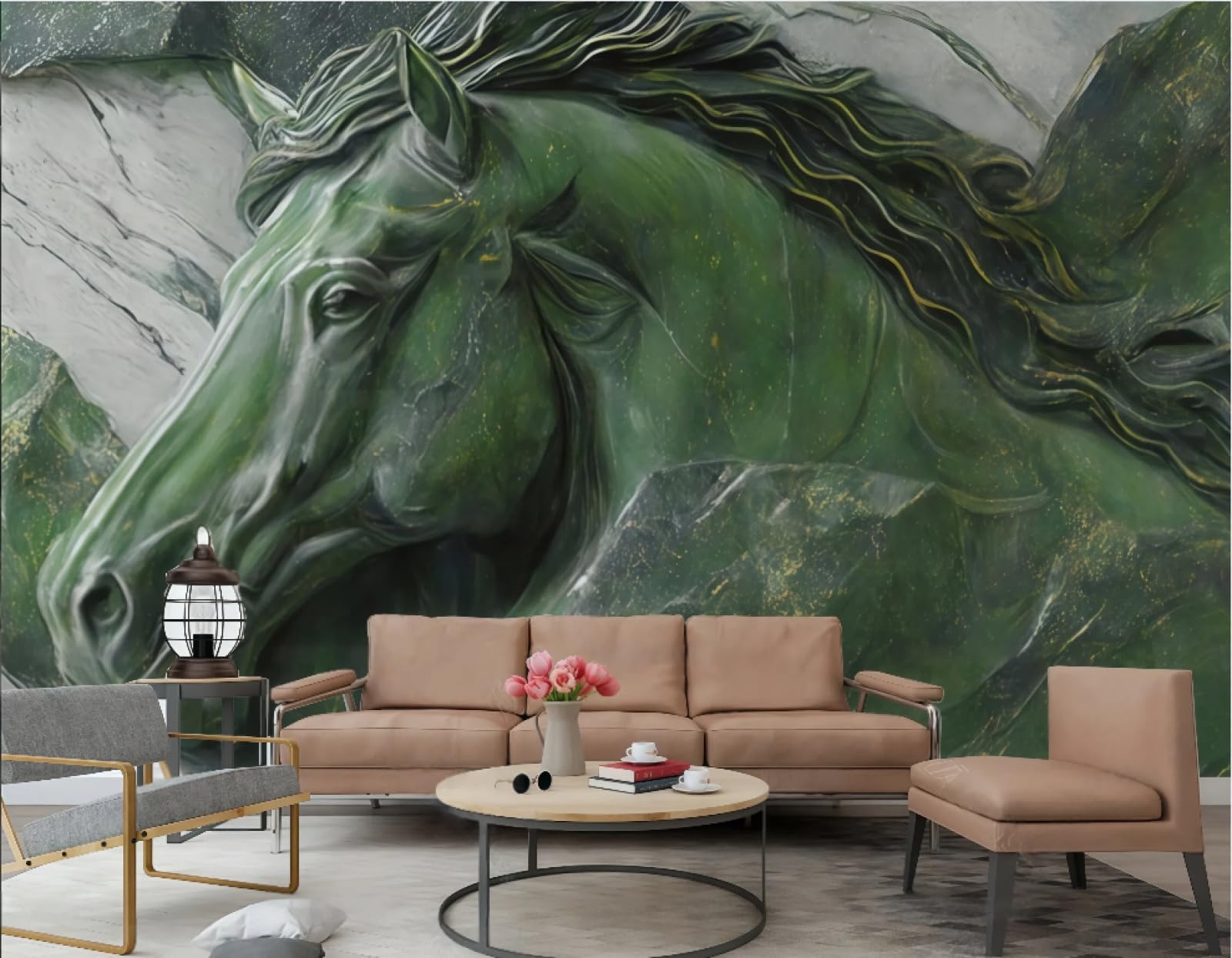 Tapeta nowoczesna minimalistyczna sztuka abstrakcyjna zielony koń relief marmurowy wzór krajobraz TV sofa tło tapeta ścienna salon restauracja kawiarnia mural, 3D, 300 x 210 cm