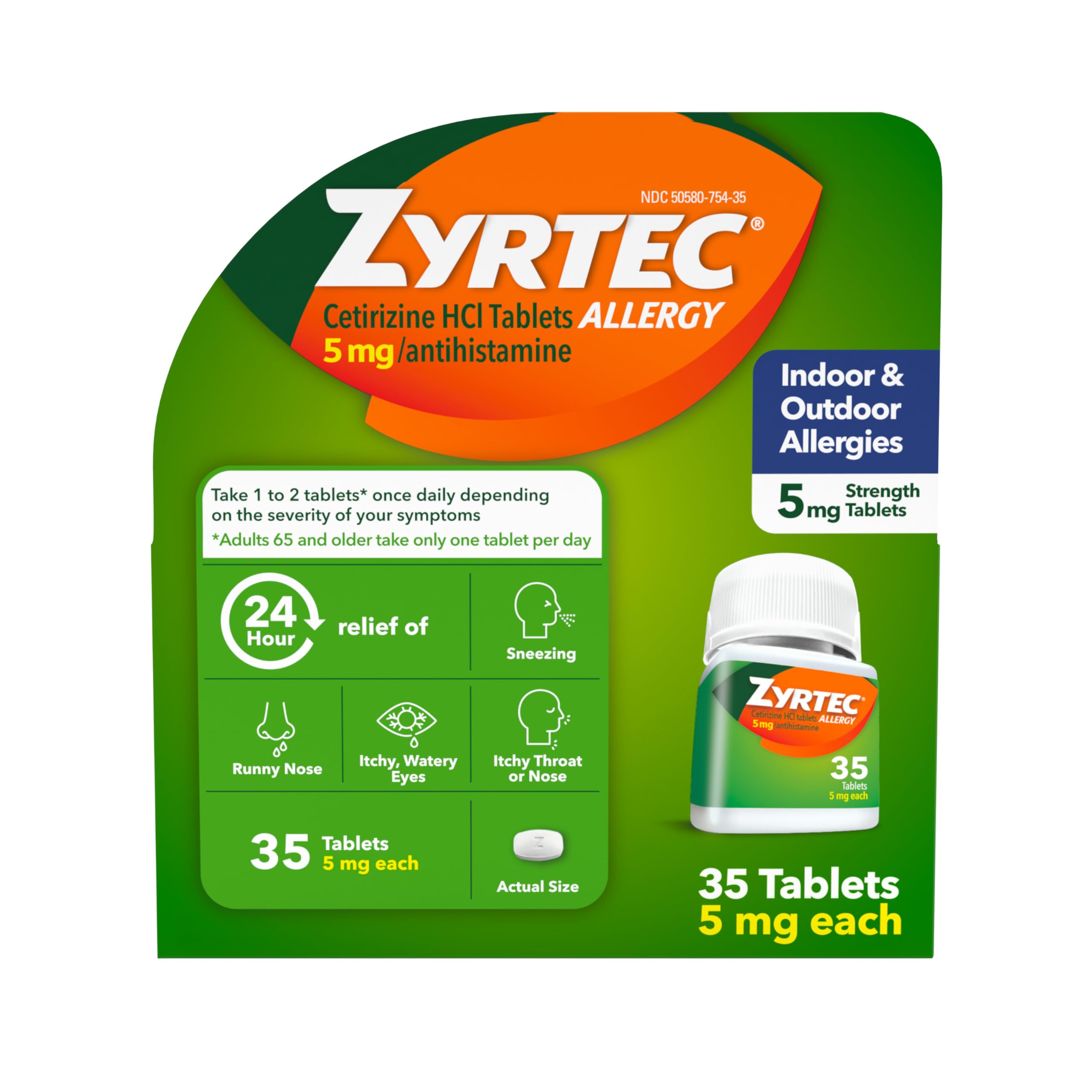 Zyrtec 24 Hour Allergy Relief Tablets, Indoor & Outdoor Allergy Medicine for Adults with 5 mg Cetirizine Hydrochloride, Relief of Runny Nose, Sneezing