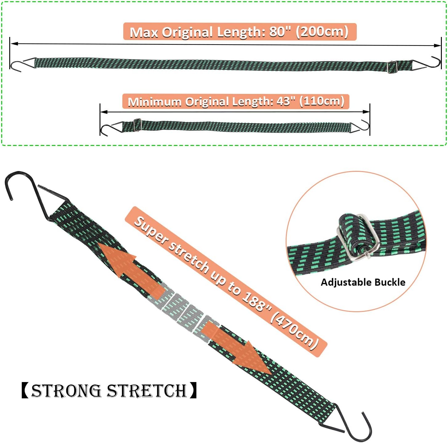 KING PIECES Adjustable Flat Bungee Cords 80" 4 Pack Latex Bungee Straps with Adjustable Length Metal Buckle & Hooks for Hand Carts, Heavy Duty Cargo, Luggage Rack, Camping, Gardening, Clothesline