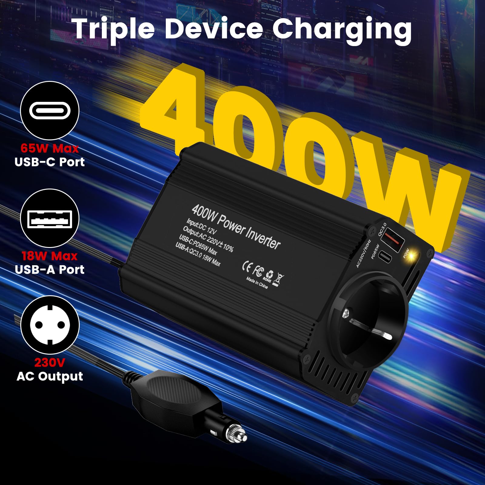 400W Auto Spannungswandler Wechselrichter DC 12 V auf 230 V mit Zigarettenanzünderstecker,1 Steckdosen und PD65W USB-C und USB-A Anschluss für Auto, Laden von Handys, Laptops und Anderen Geräten