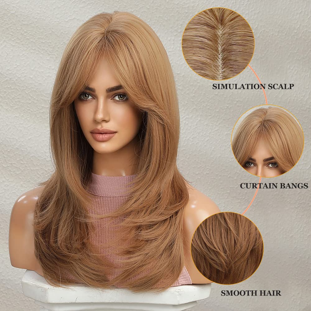 Esmee Długie Proste Truskawkowe Blond Peruki dla Kobiet Naturalne Warstwowe Syntetyczne Włosy Peruka z Grzywką do Codziennych Imprez Cosplay 20 Cali