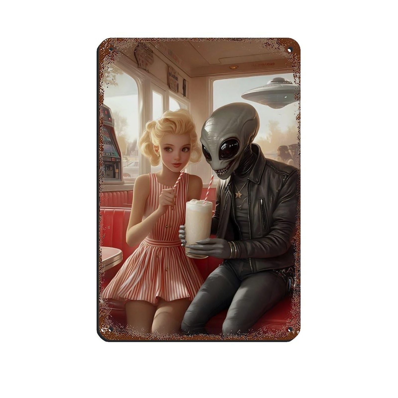 Retro Sci Fi Alien Diner, 1950s Vintage Tin Sign Vintage Metal Pub Club Cafe Bar Home Wall Art Decoration Poster Retro 8x12inch(20x30cm)