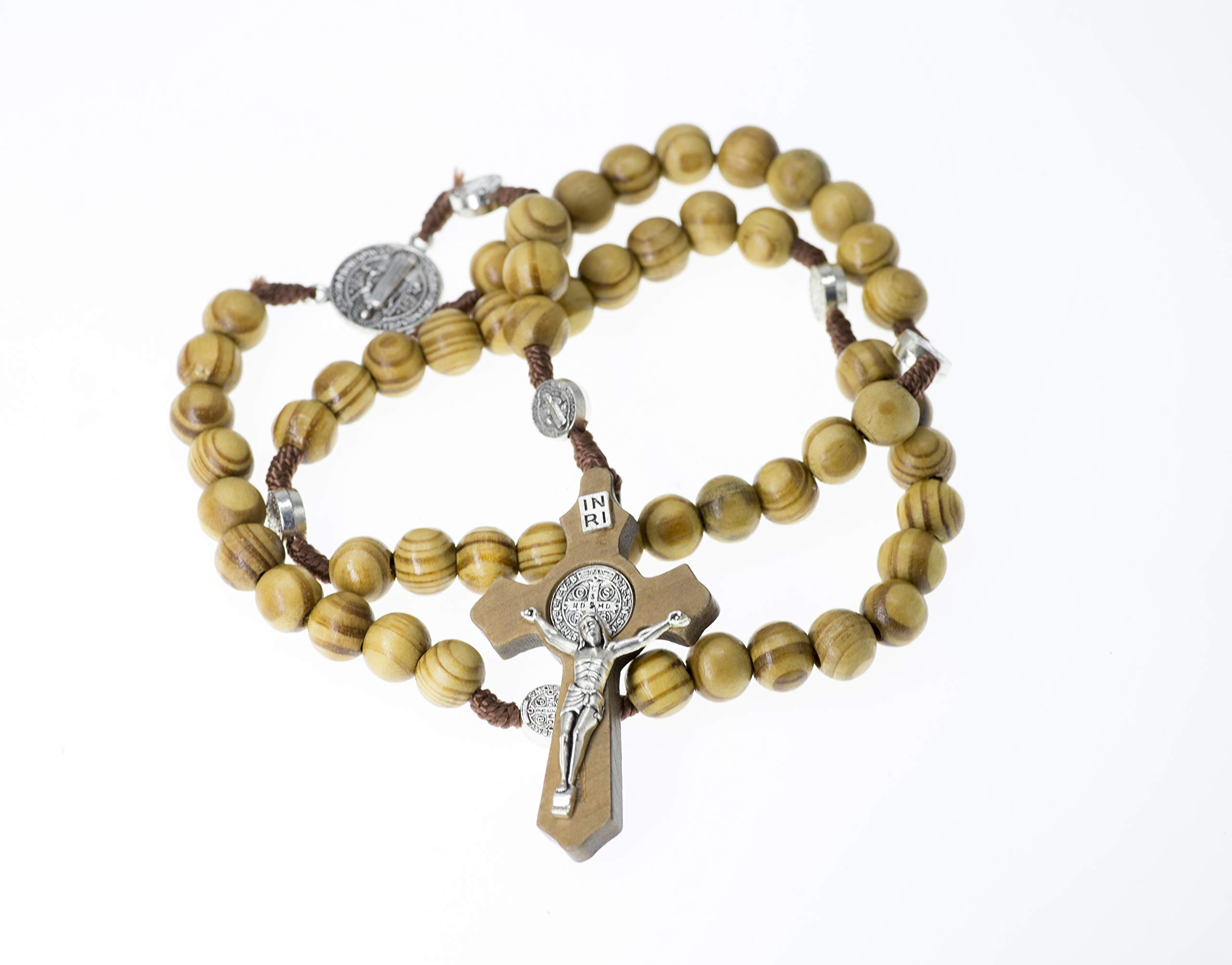 Spring NahalWood Beads Rosary Necklace Saint Benedict Medal & Catholic Cross Religious Prayer Chaplet String Handmade