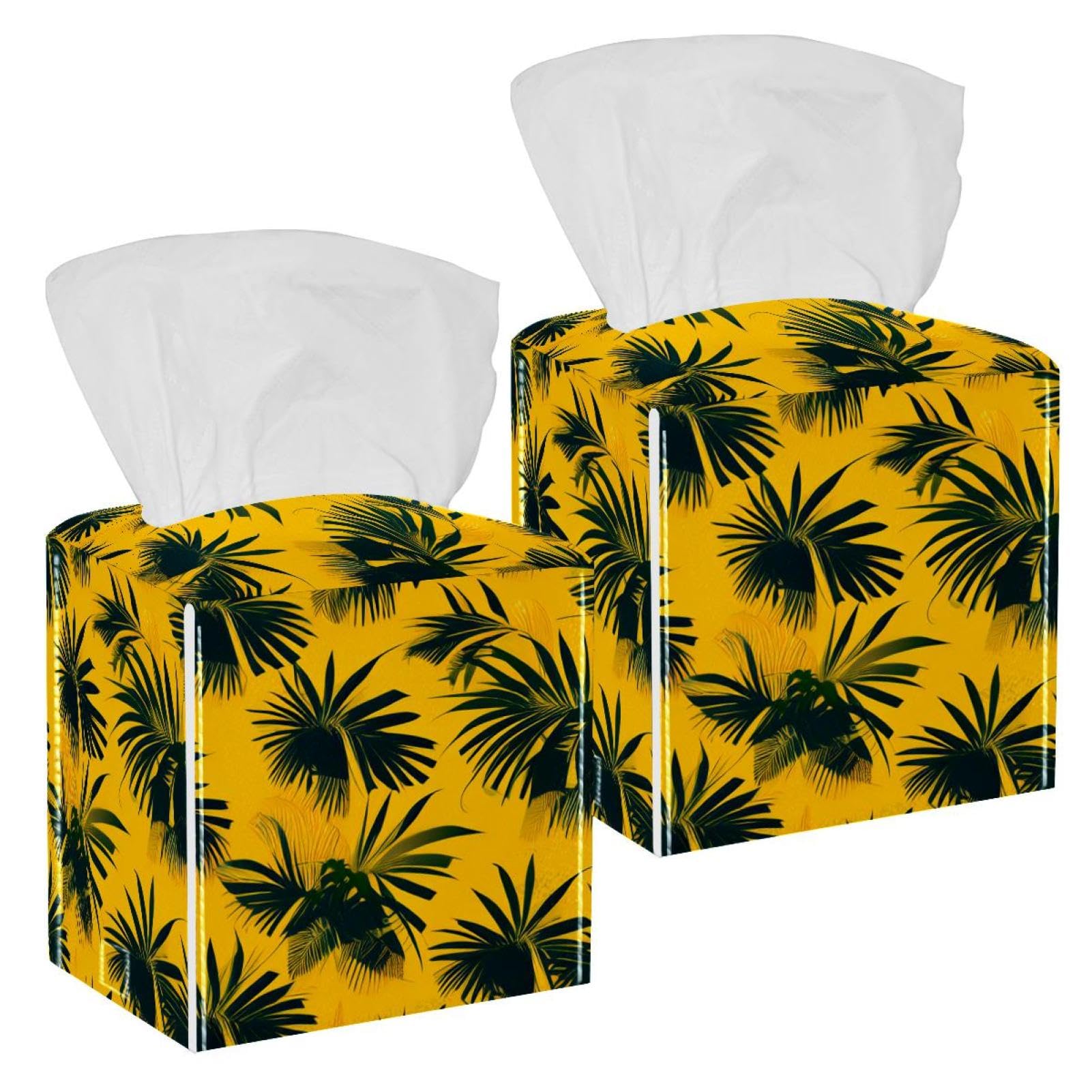 Tropical Palm Tissue Box Cover, 2 Pack PU Leather Square Facial Tissue Dispenser Box holder for Home Office Car