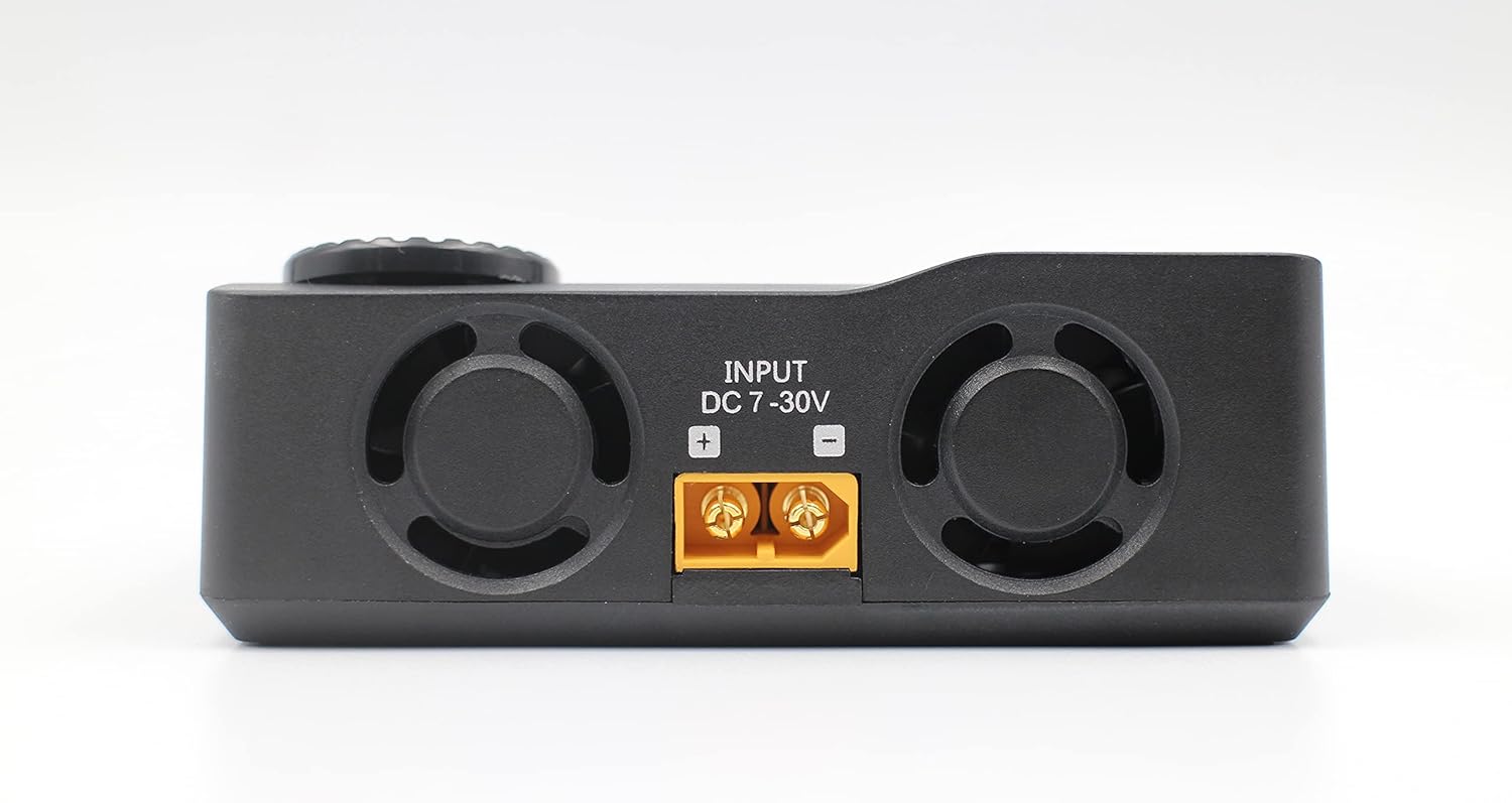 กลับ view of ToolkitRC M8S Smart Charger showing DC input ports