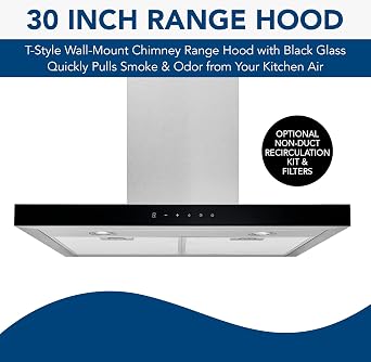 Broan-NuTone 30 T-Style Chimney Range Hood with LED Lighting, Convertible Wall-Mount Kitchen Chimney Vent Hood, 450 Max CFM, Stainless Steel/Black