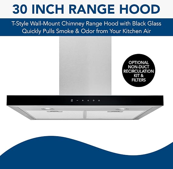 Broan-NuTone 30 T-Style Chimney Range Hood with LED Lighting, Convertible Wall-Mount Kitchen Chimney Vent Hood, 450 Max CFM, Stainless Steel/Black