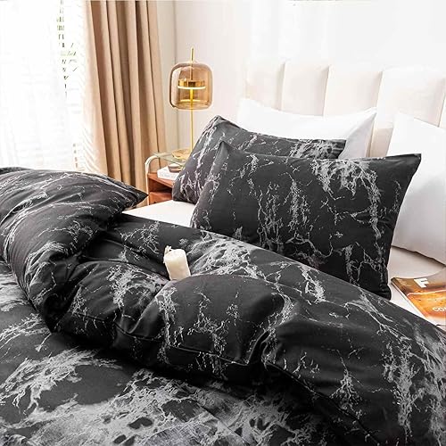 Miniatura 4 de Funda de edredón negra de mármol tamaño queen, juego de funda de colcha de 3 piezas con patrón moderno, 1 funda de edredón de microfibra estilo