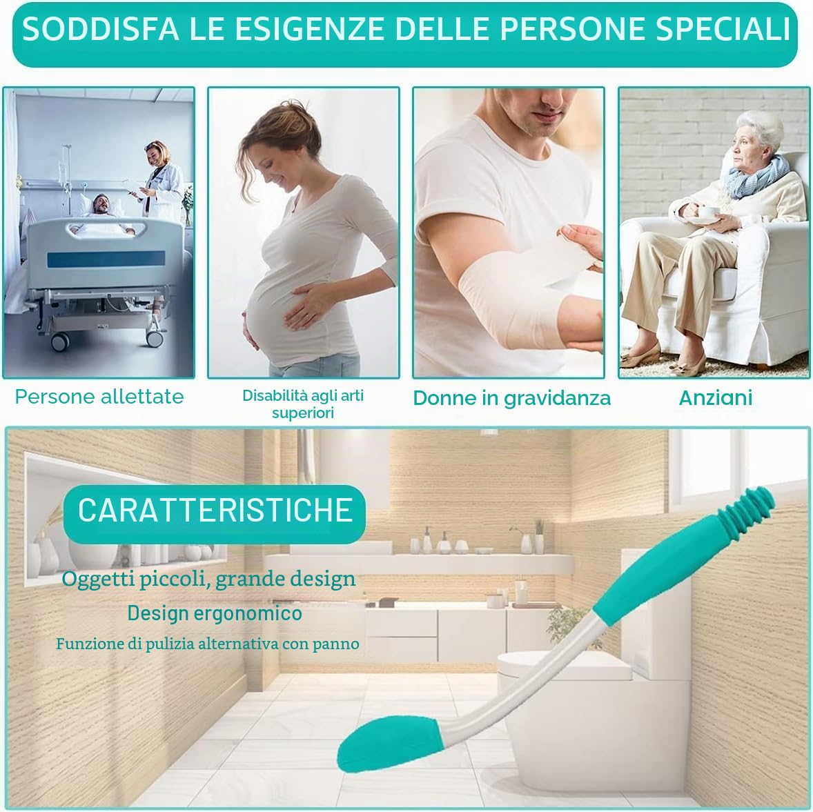 2 pezzi WC Aids Set per wiping per wiping Include Long Handle Butt Wiper Doccia Spazzola portatile per bidet e una custodia per il comfort, per il bagno per disabili anziani