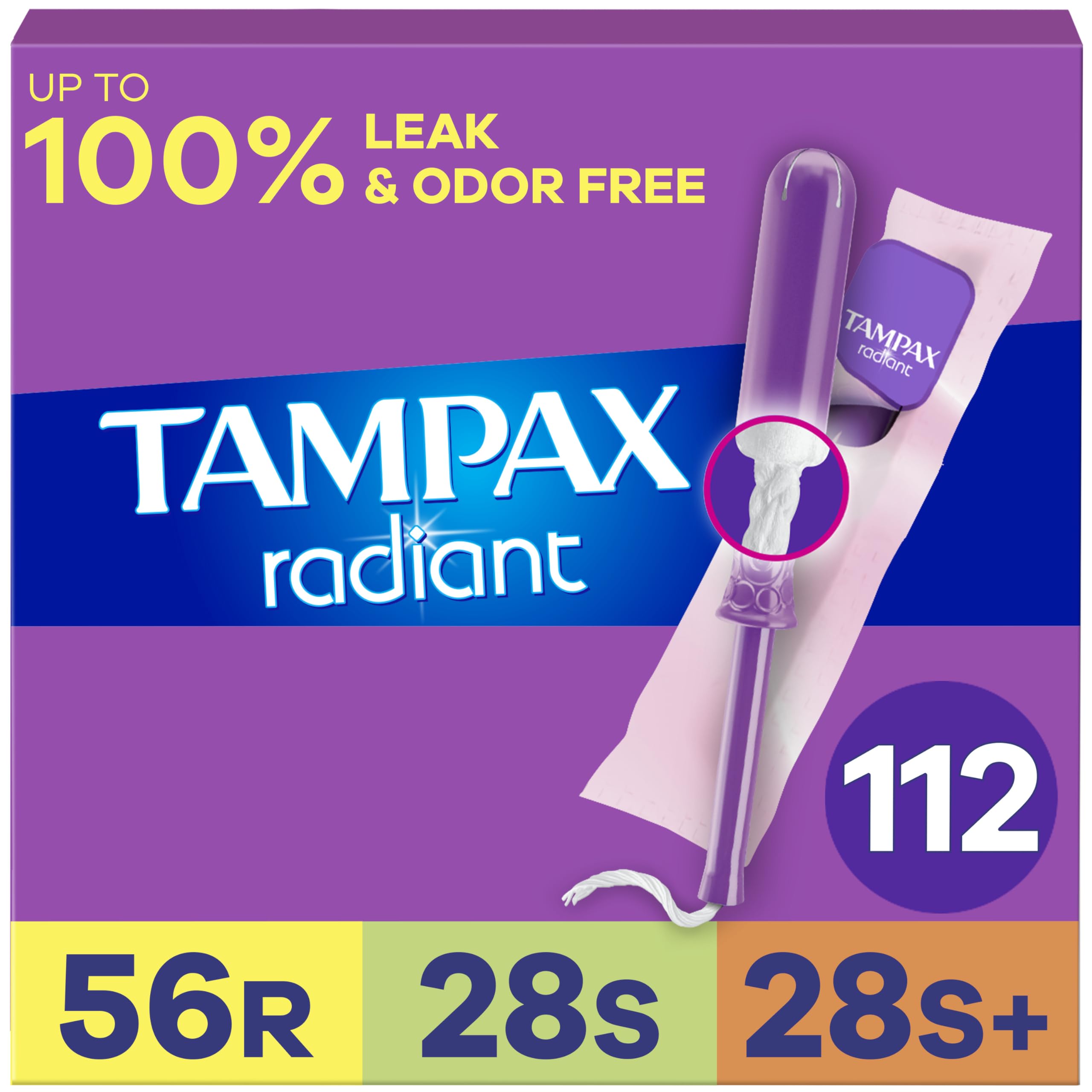 Tampax Radiant Tampons Multipack, with LeakGuard Braid, Regular/Super/Super Plus Absorbency, Unscented, 112 Count (4 Packs of 28)