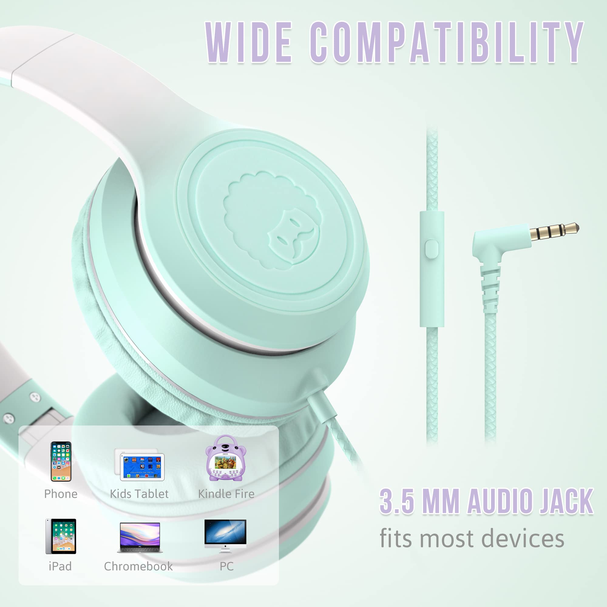 RockPapa L22 Kinder kopfhörer, Kabel Kopfhörer für Kinder, 3,5 mm Aux Jack, Verstellbares Stirnband mit Mikrofon, Faltbarer Kopfhörer Over-Ear für Schule, Travel, Jungen, Mädchen (Hellgrün)