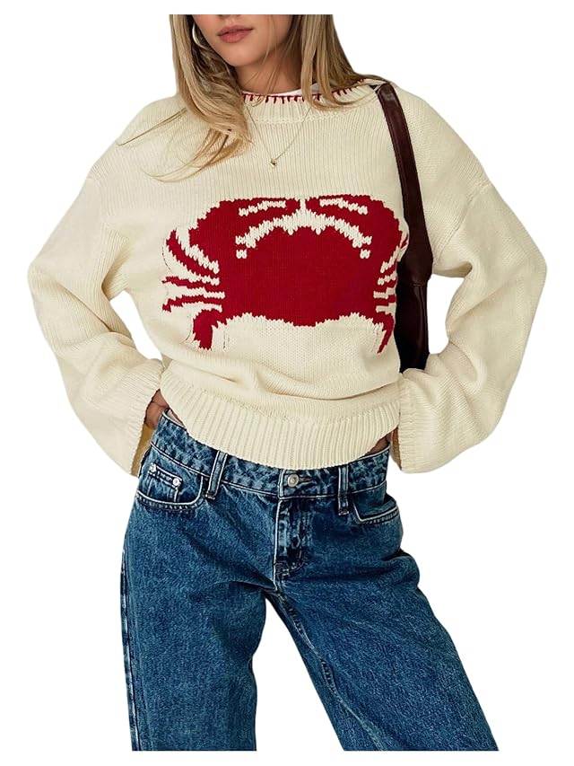 Verdusa Womens Crab Print Oversized Sweaters Y2K Drop Shoulder Pullover Knit Tops