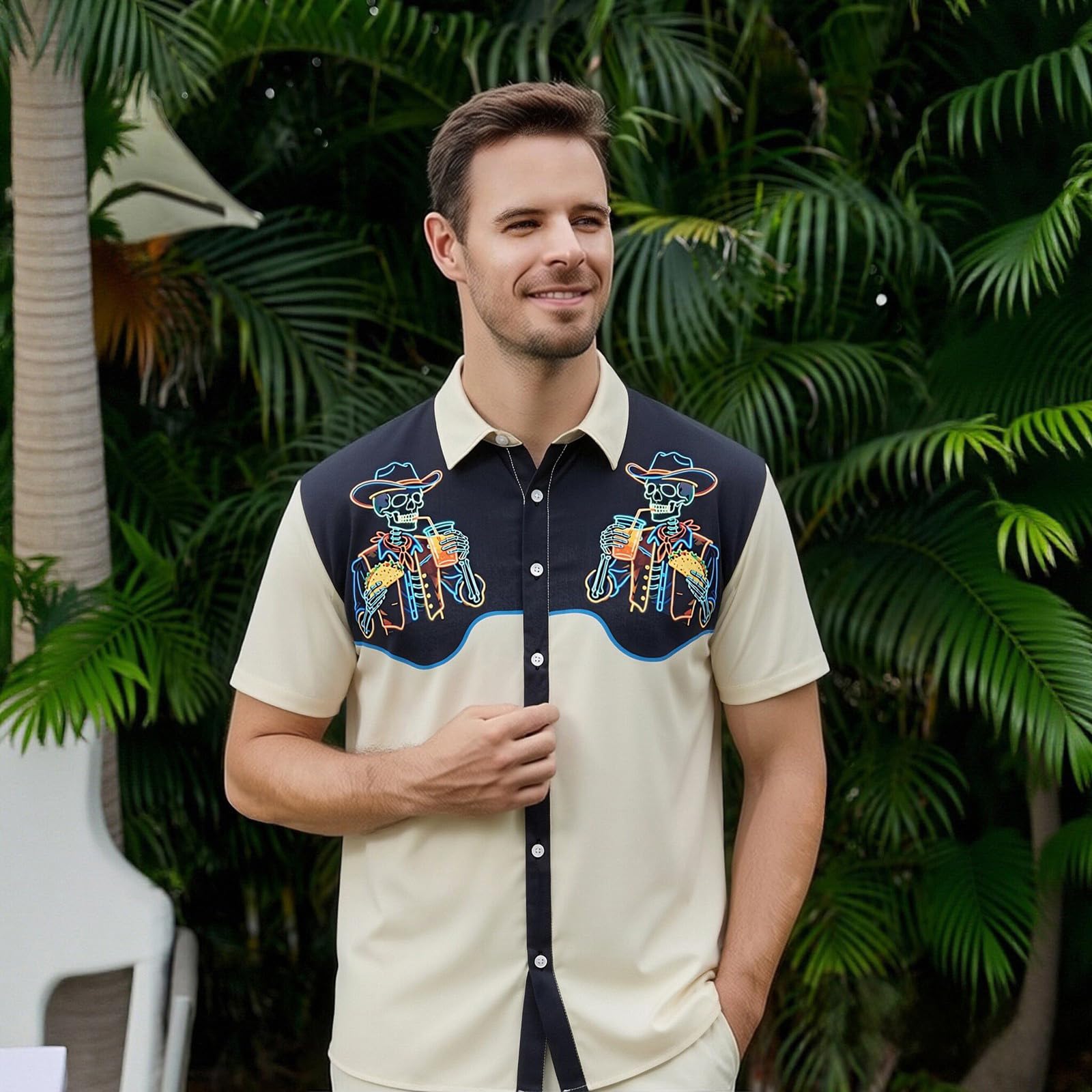 Camisa Hombre Manga Corta Camisa Country Western Impreso Camiseta Verano Casual Top Camiseta Deportiva Cómodo Suave Transpirable Top Versátil Chic con Botón para Trabajo Diario