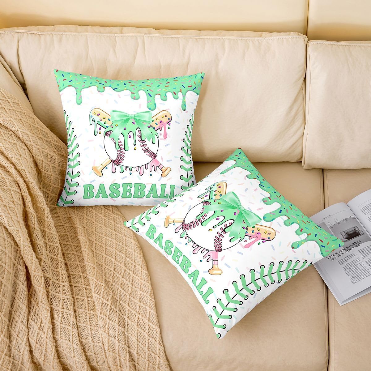 Erosebridal Mint Green Ice Cream Drip Throw Pillow Covers 18X18 Set of 2 Cute Coquette Bow Pillow Covers Baseball Ice Cream Cushion Cover Sports Gaming Pillowcases for Couch Sofa image 2