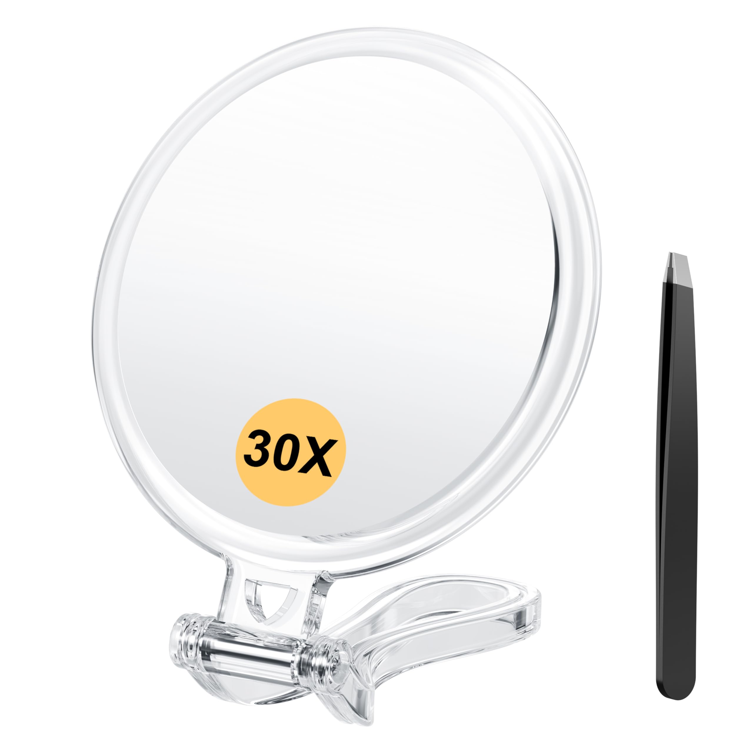 Auxmir Espejo de Mano, Aumento 30X / 1X Doble Cara, Espejo de Maquillaje con Asa Plegable Colgar Pared, Portátil para Viaje Baño, Redondo, Transparente