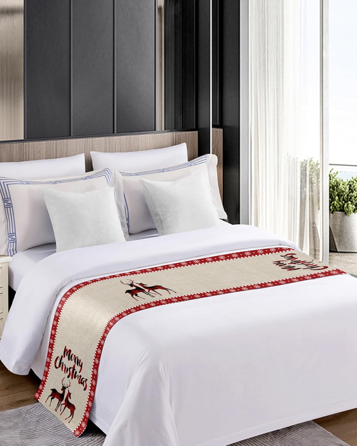 Bed Runners & Scarves, Merry Christmas Red Lattice Elk Vintage Burlap Texture Bed Runner, Bed Scarf Protector Decorative Accent Bedding Scarf for Hotels Homes and Guestrooms, 102 x 20 inches