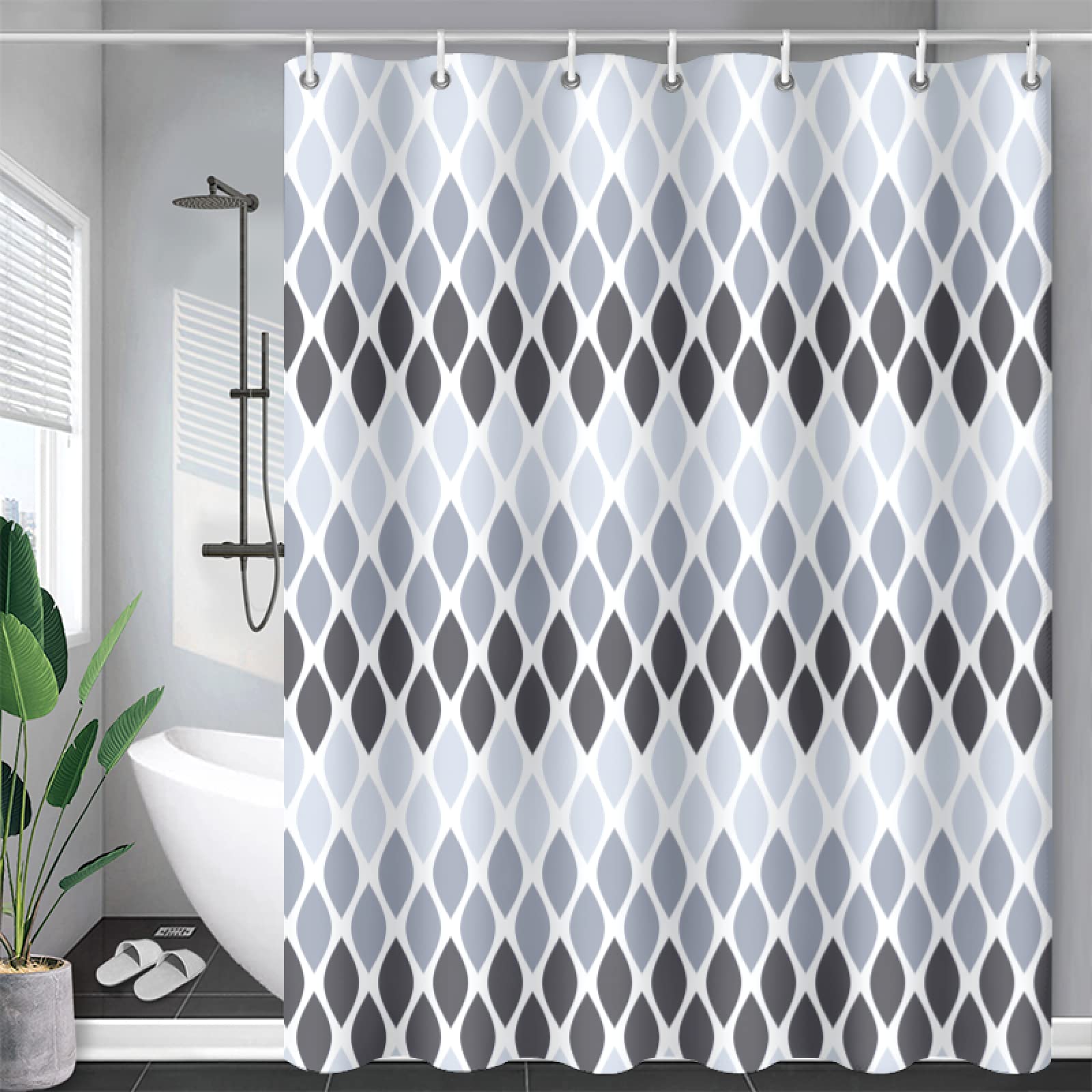 Rideau de douche bleu boho 153x183cm en tissu imperméable avec crochets pour salle de bain