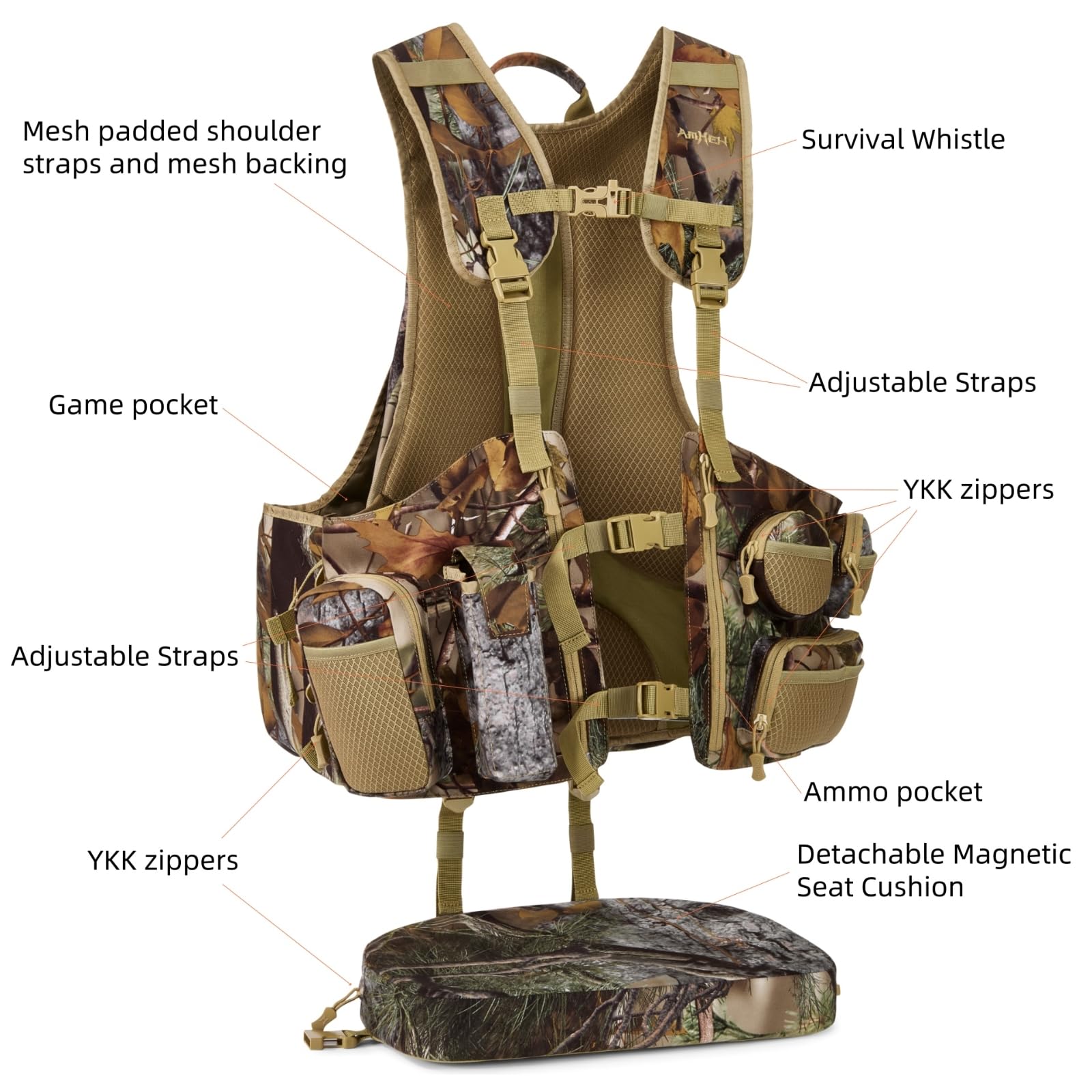 AMHEH Turkey Vest for Hunting with Magnetic Seat Cushion Silent Anti Glare Adjustable Fit Most Men's Body (Forest Camo)