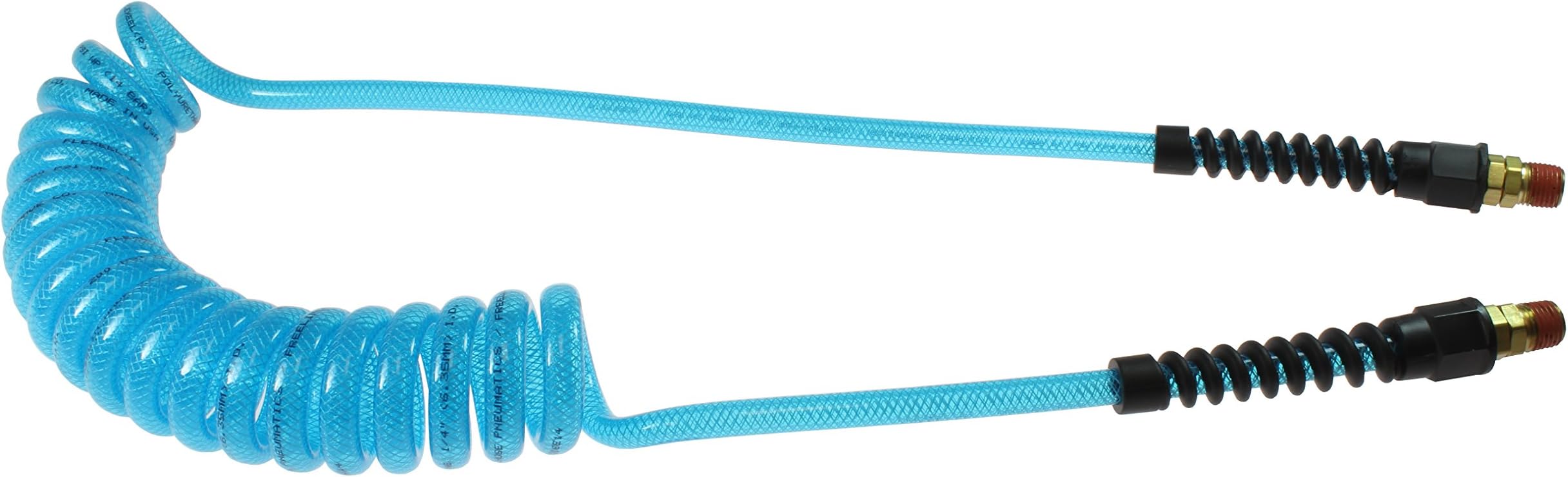 PUE14-15B-T Flexeel Reinforced Polyurethane Coiled Air Hose, 1/4" ID, 15' Length with (2) 1/4" Reusable Strain Relief MPT Swivel Fittings, Transparent Blue