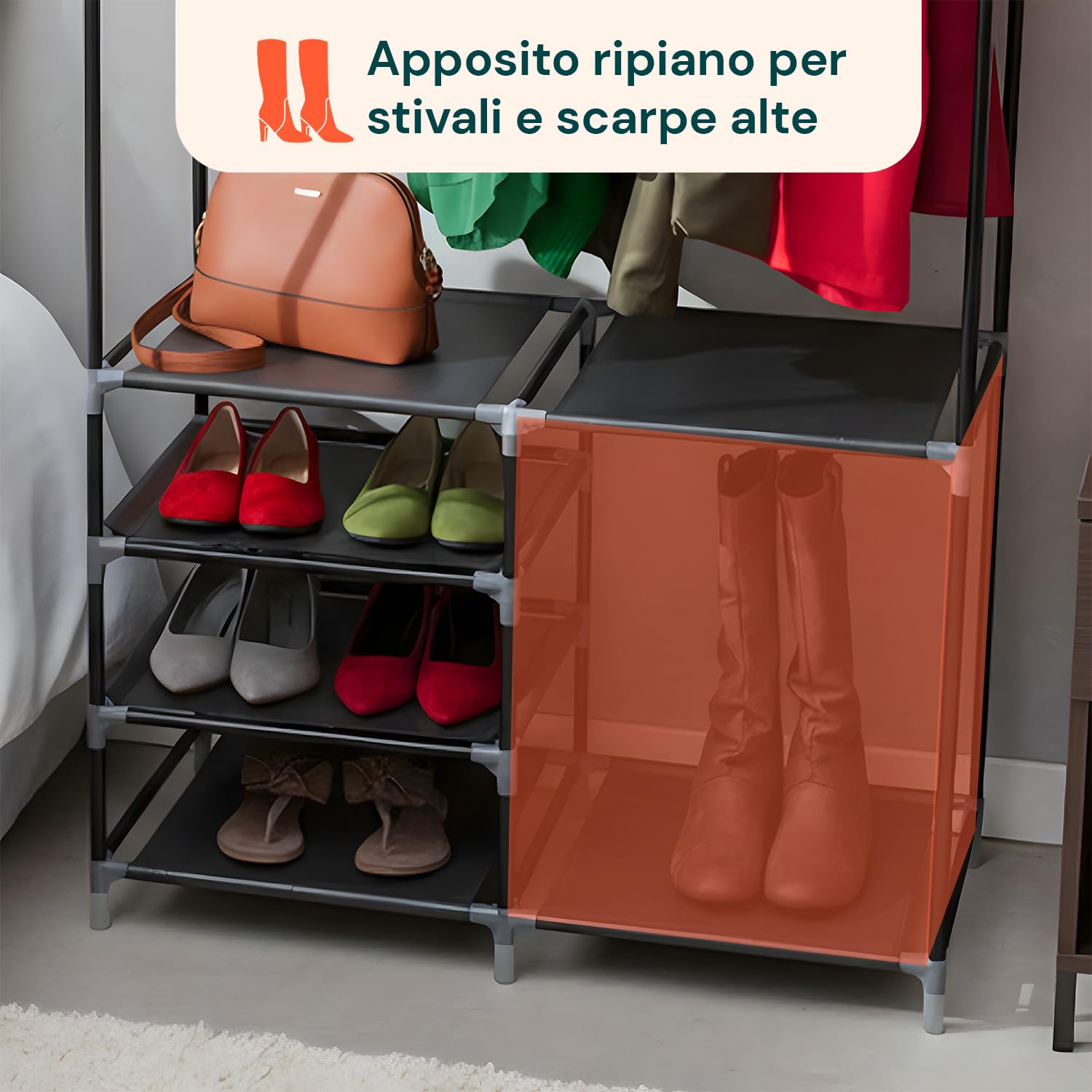 Avilia Appendiabiti da Terra con Scarpiera Integrata a 6 Ripiani - Stand Porta Abiti Salvaspazio in Metallo e TNT - Armadio Aperto per Ingresso, Camera e Bagno - Montaggio Rapido senza Attrezzi