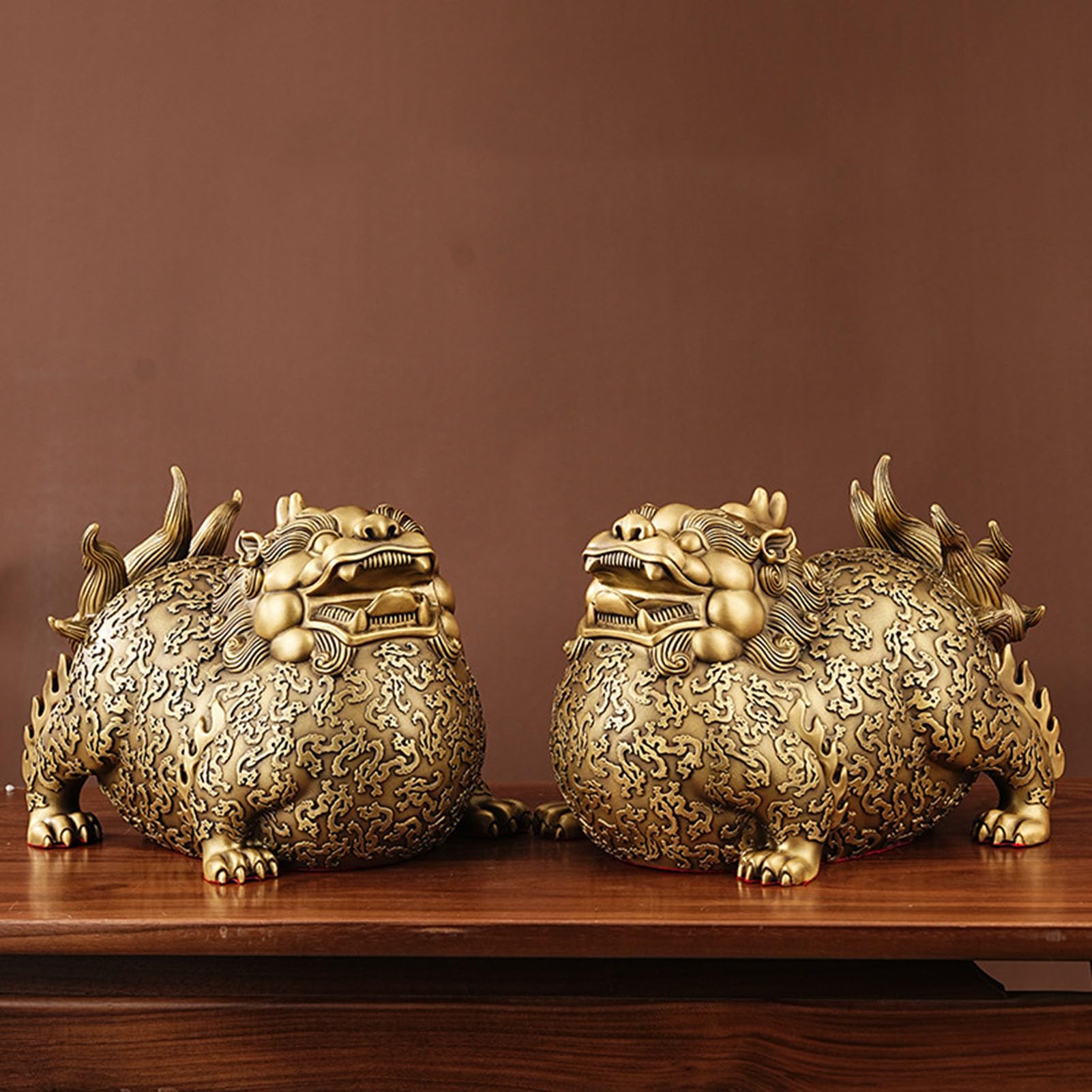 Feng Shui Pixiu Para posągów, złote bogactwo Pixiu Mosiężna figurka dobrobytu Wystrój bogactwa zwierząt dla domowego biura Przyciągaj pieniądze Powodzenia Rzeźba Dekoracja,L