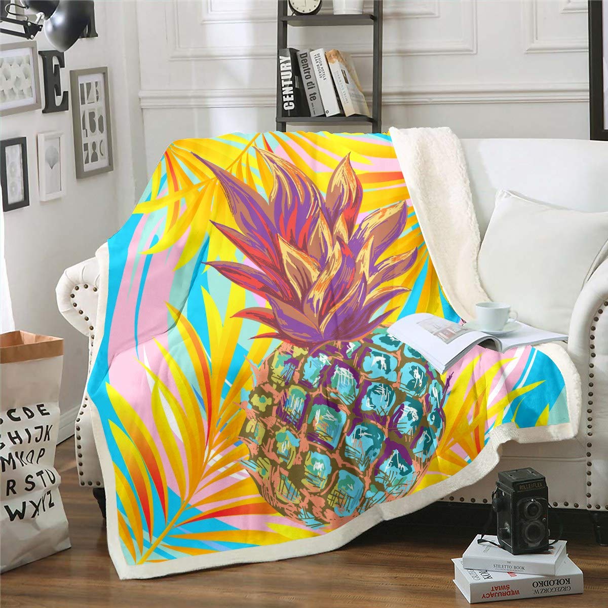 Couverture botanique ananas pour fille et garçon, grand plaid polaire enfant