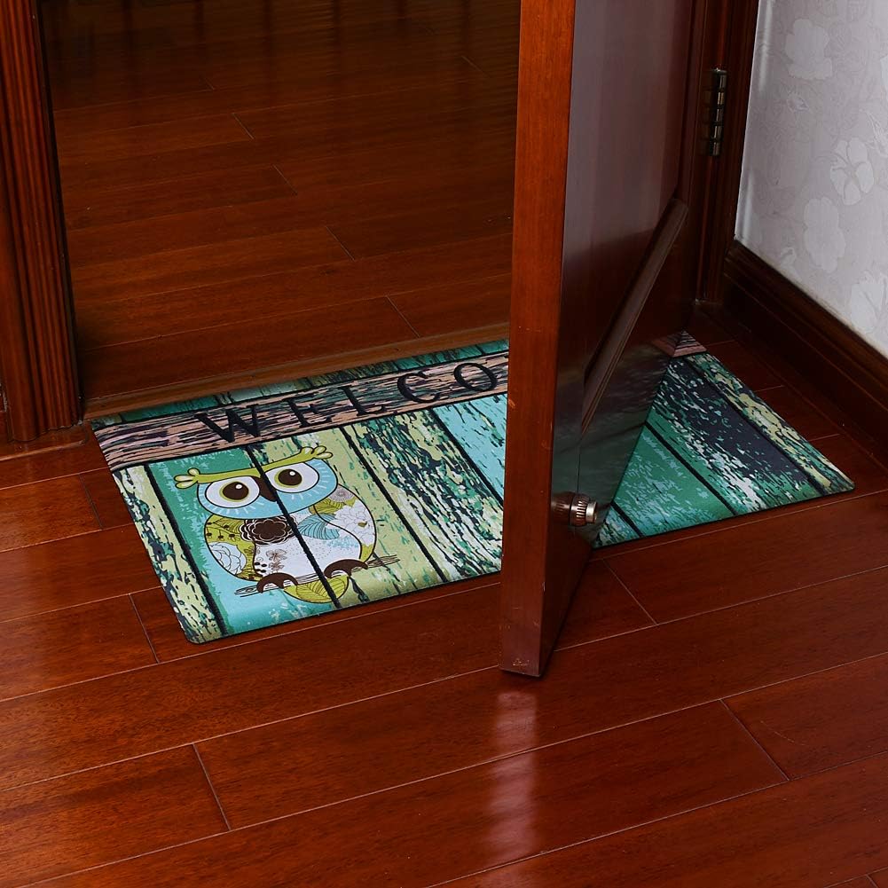 Welcome Doormat, Entrance Mat Floor Mat Rug for Indoor Outdoor Front Door with Non-Slip Rubber Backing, Printing Door Mat with Owl Pattern, 17''WX29''L (Green)