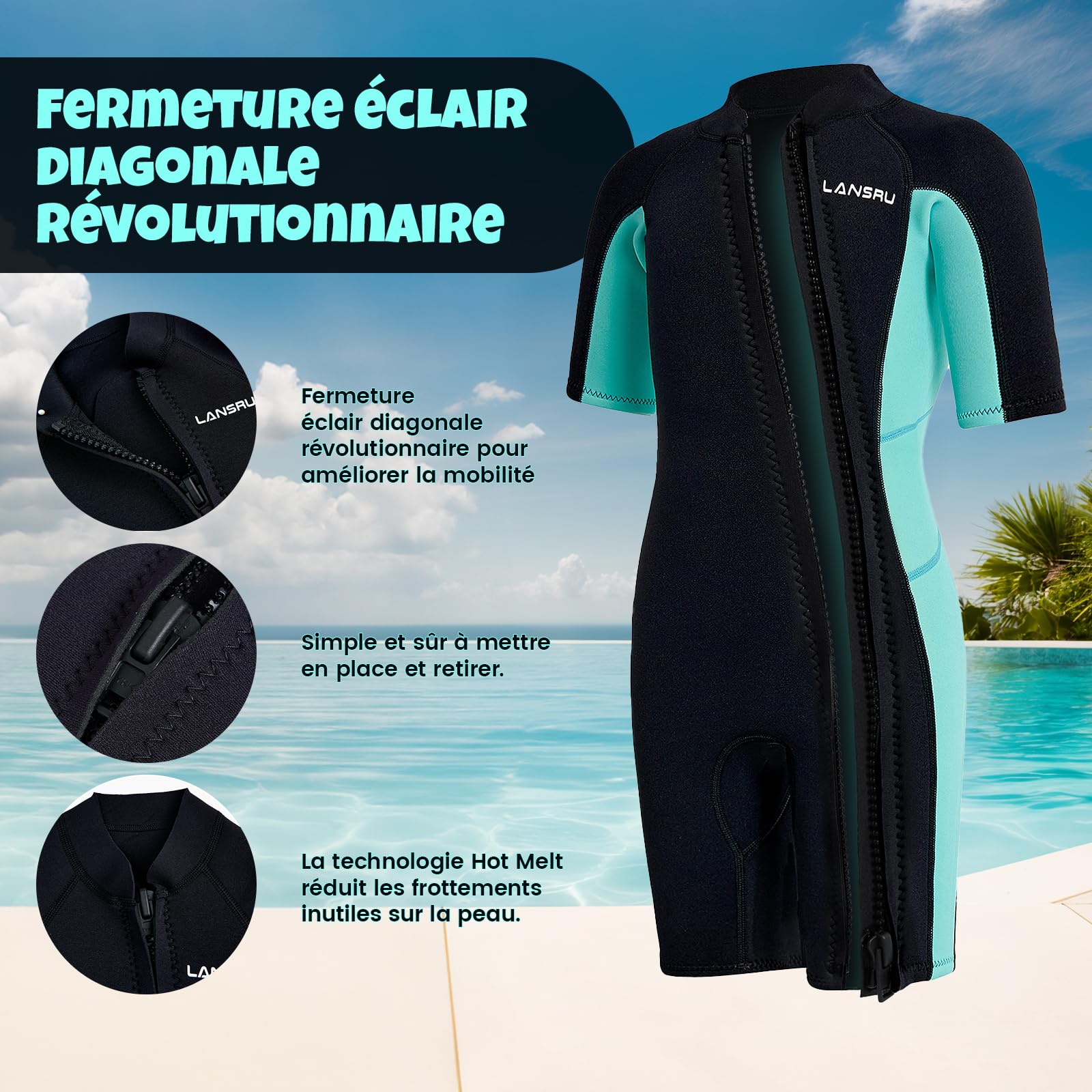 Combinaison Courte en néoprène SCR de 2,5 mm pour Enfants avec Protection UV, Fermeture éclair Oblique à l'avant, Garde Les Adolescents au Chaud dans l'eau Froide