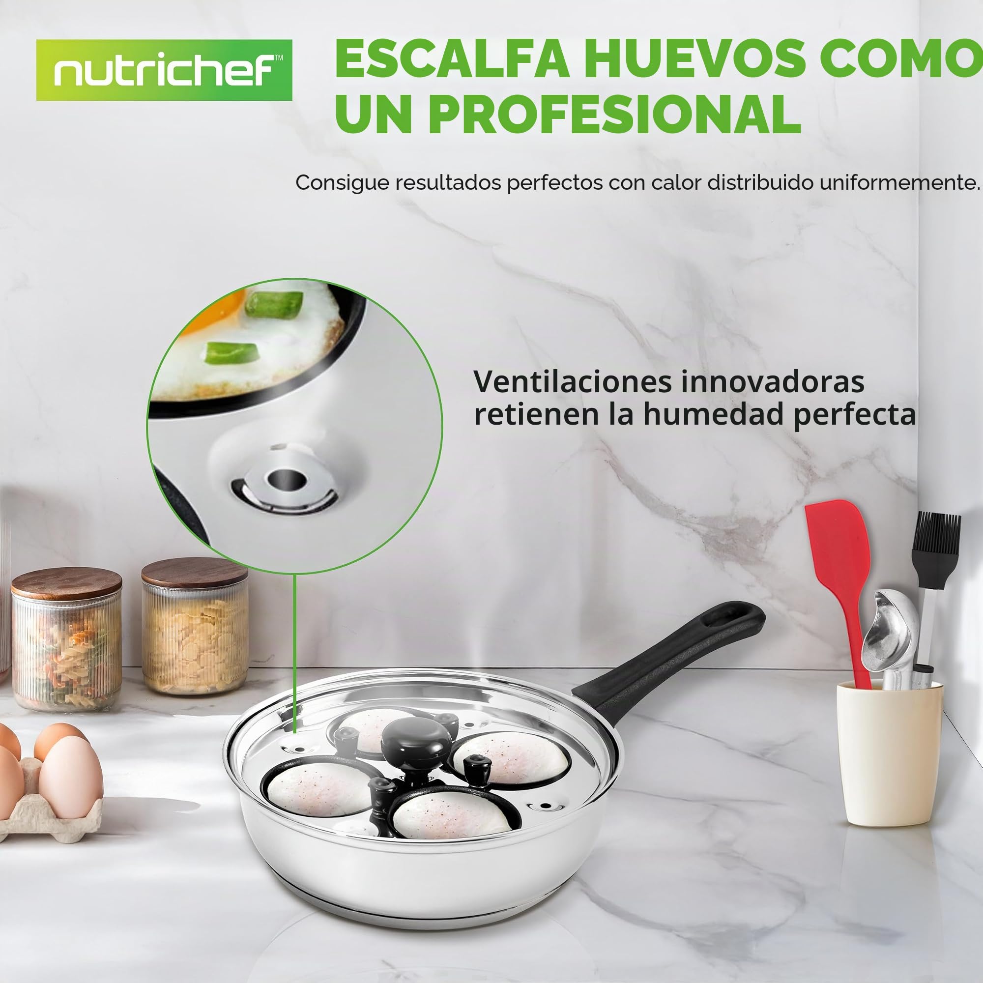 Nutrichef escalfador de huevos, Sarten para pochar, Acero inoxidable, 4 tazas antiadherentes, Tapa de vidrio, Temporizador, Guante de horno y espatula, Compatible con induccion, Egg poacher